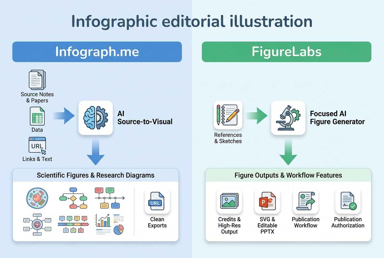 Flusso di lavoro di generazione di figure scientifiche AI che confronta la creazione da fonte a visuale di Infograph.me con la generazione di figure focalizzata di FigureLabs