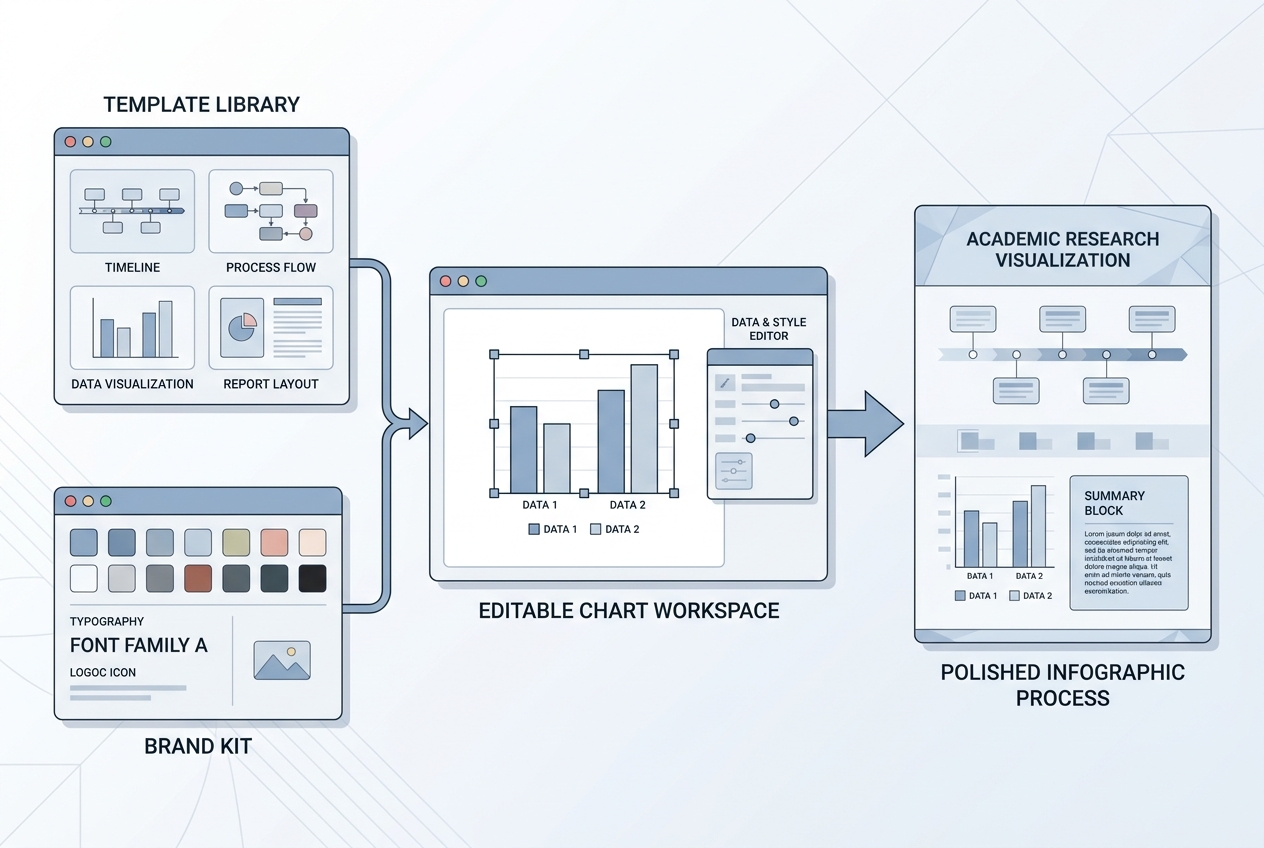 Biblioteca de modelos, kit de marca e espaço de trabalho de gráficos editáveis para um processo de design de infográfico polido
