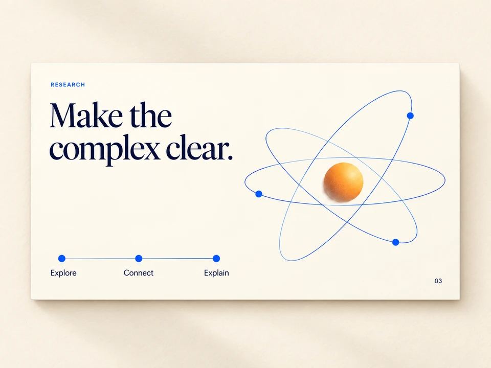 Slaid pembentangan berwarna gading pada latar belakang terang yang hangat, dengan rajah orbit dan mesej Make the complex clear.