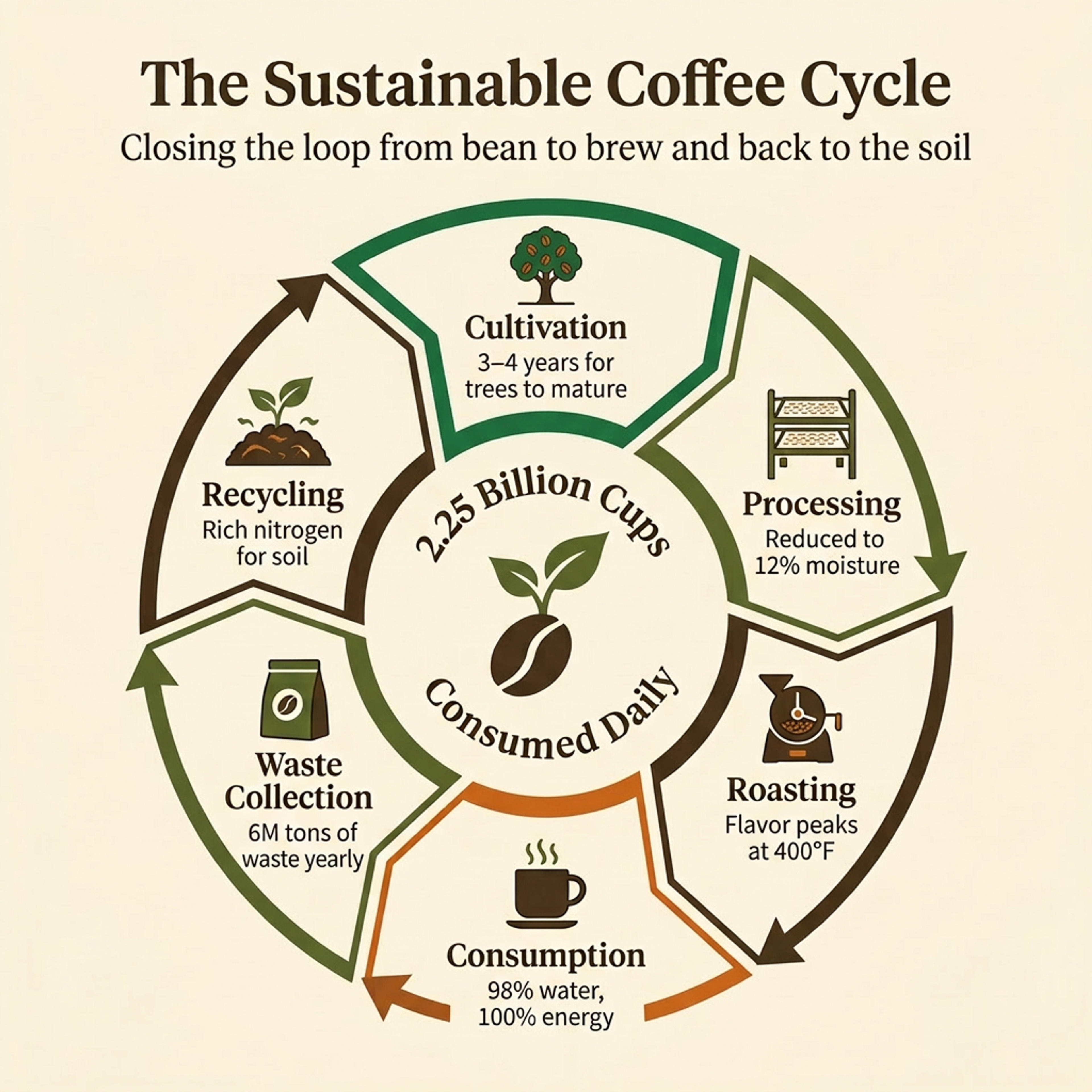 A circular infographic organized around a center point with surrounding sections.