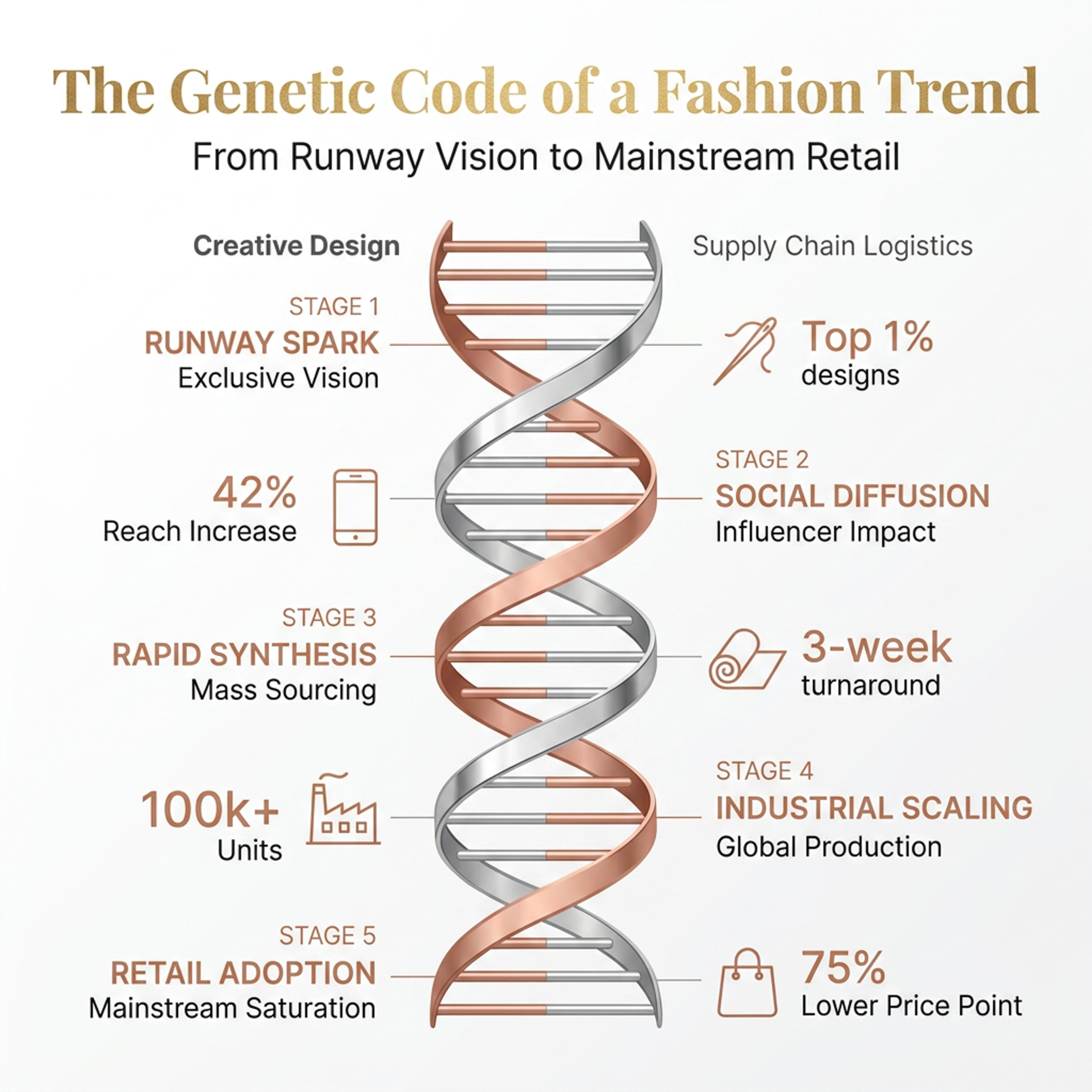A DNA-style infographic with layered strands and explanatory callouts.