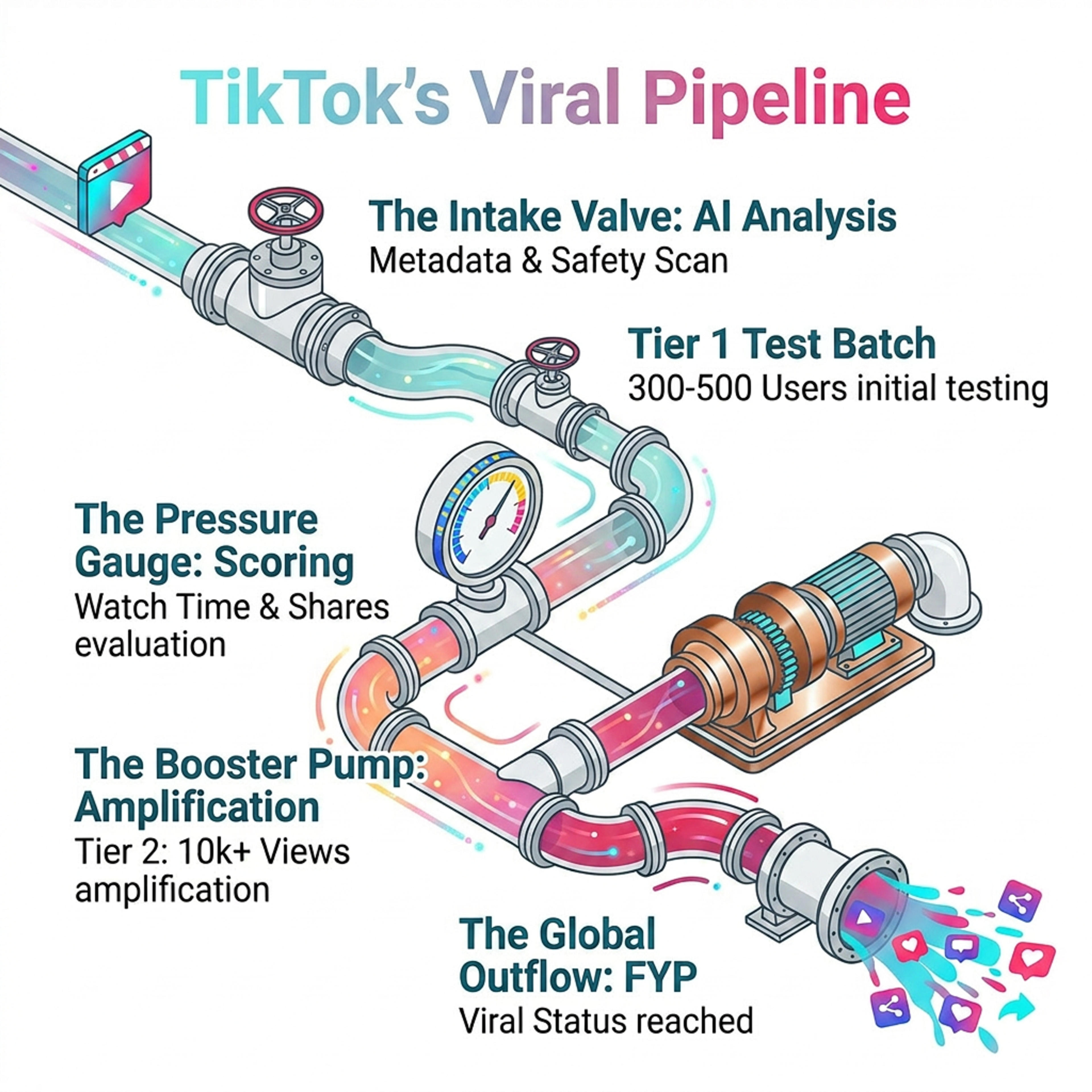 A process infographic using connected pipeline stages to explain a workflow.