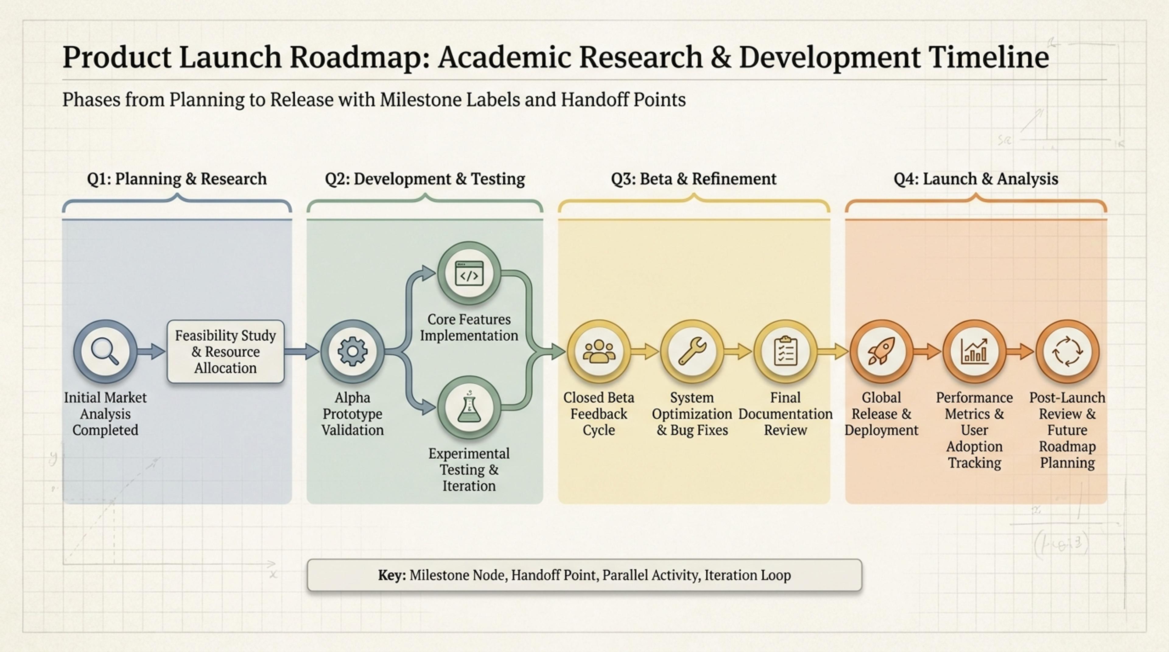 Business timeline infographic showing a product launch roadmap