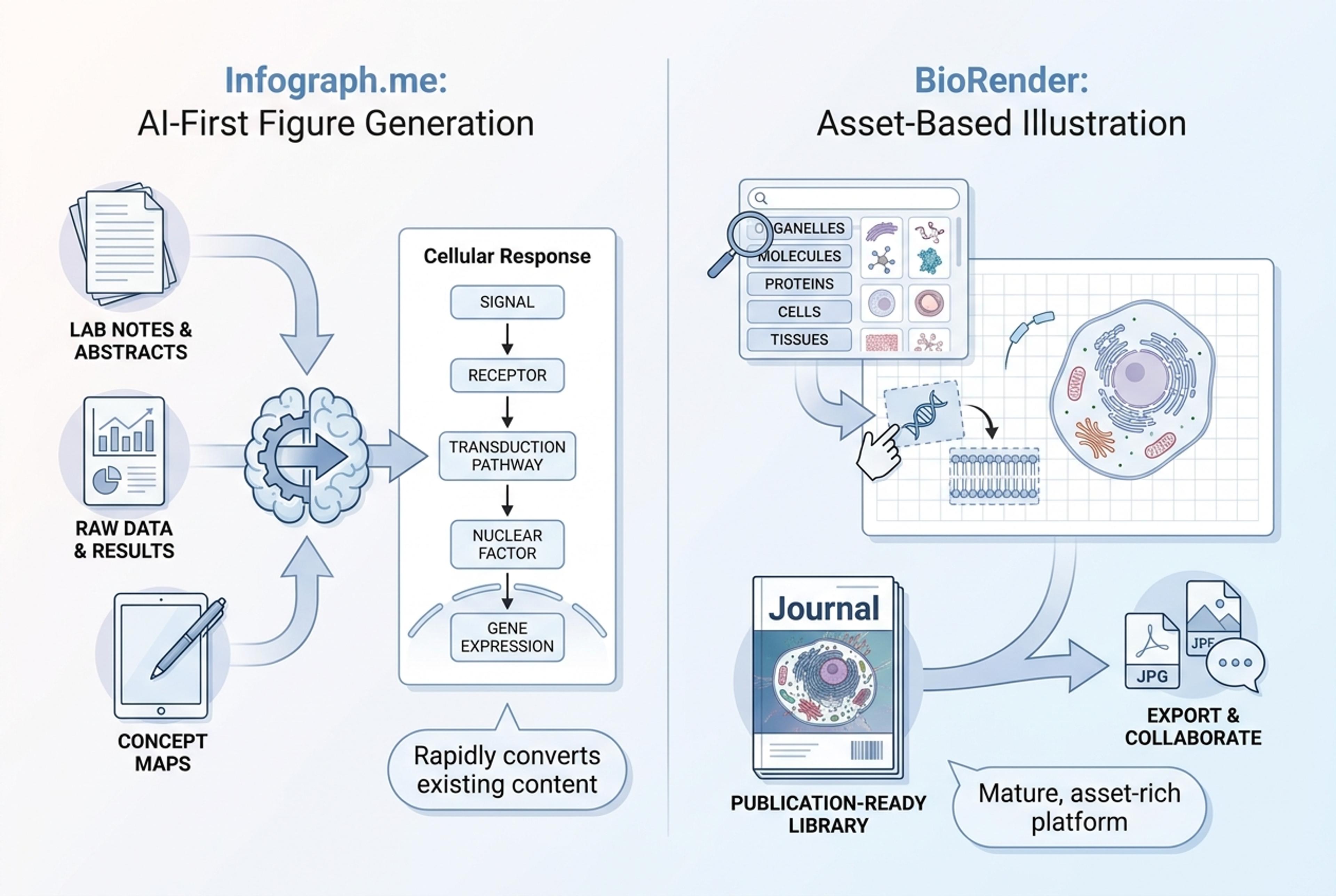Scientific figure workflow comparison showing source notes becoming an Infograph.me figure beside a BioRender asset-based illustration workspace