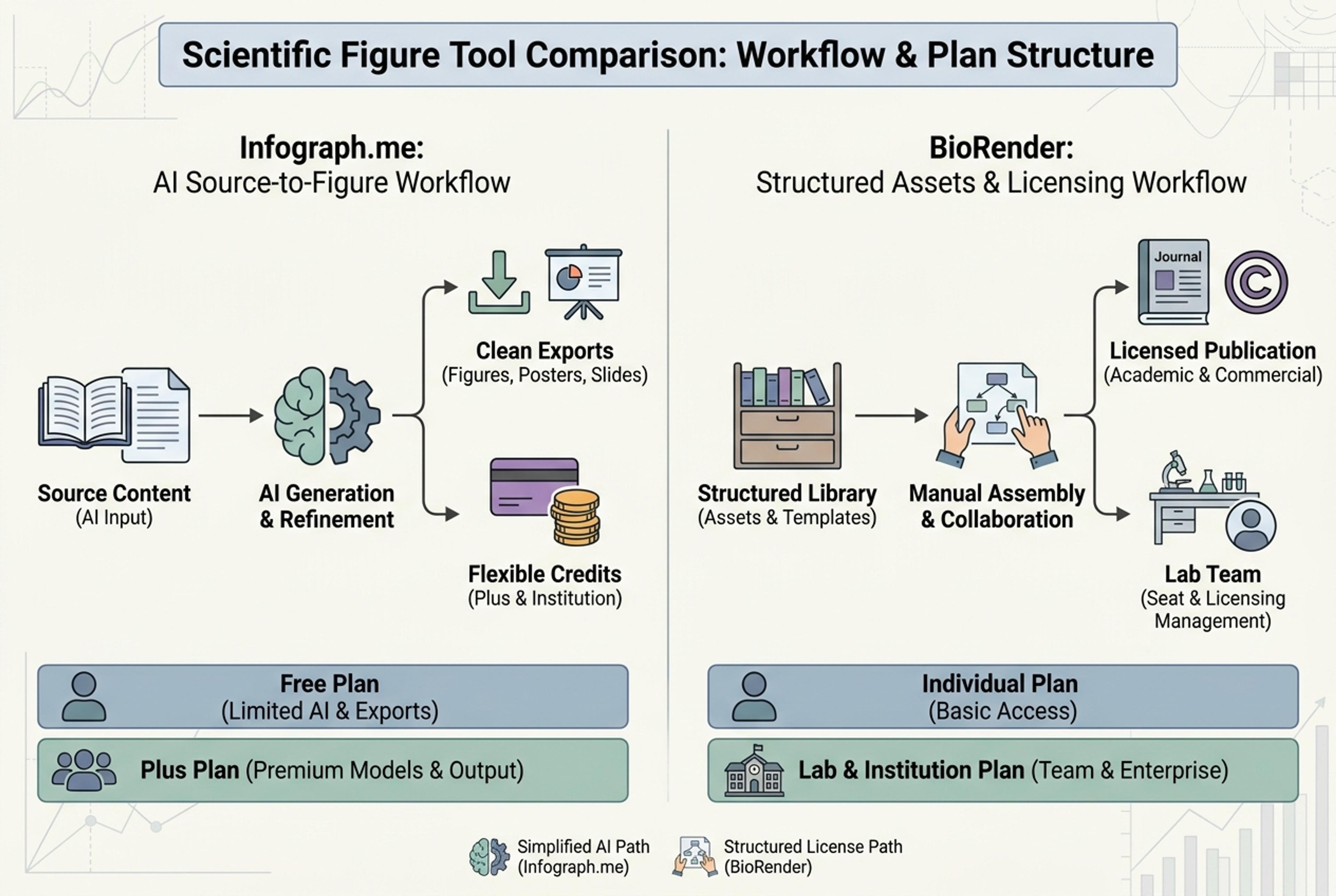 Pricing and workflow comparison for Infograph.me and BioRender across free, individual, lab, and institution paths