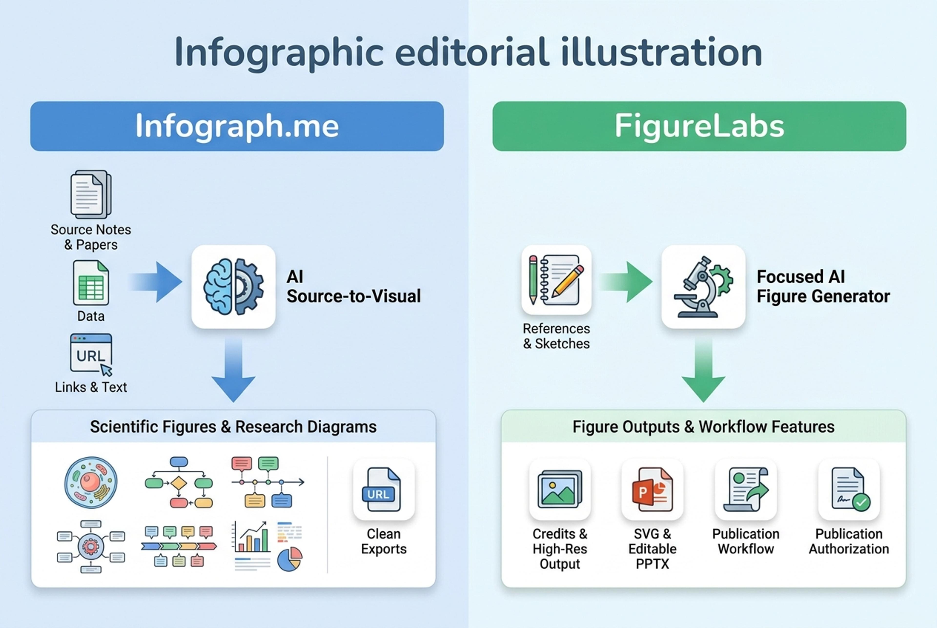 AI scientific figure generation workflow comparing Infograph.me source-to-visual creation with FigureLabs focused figure generation