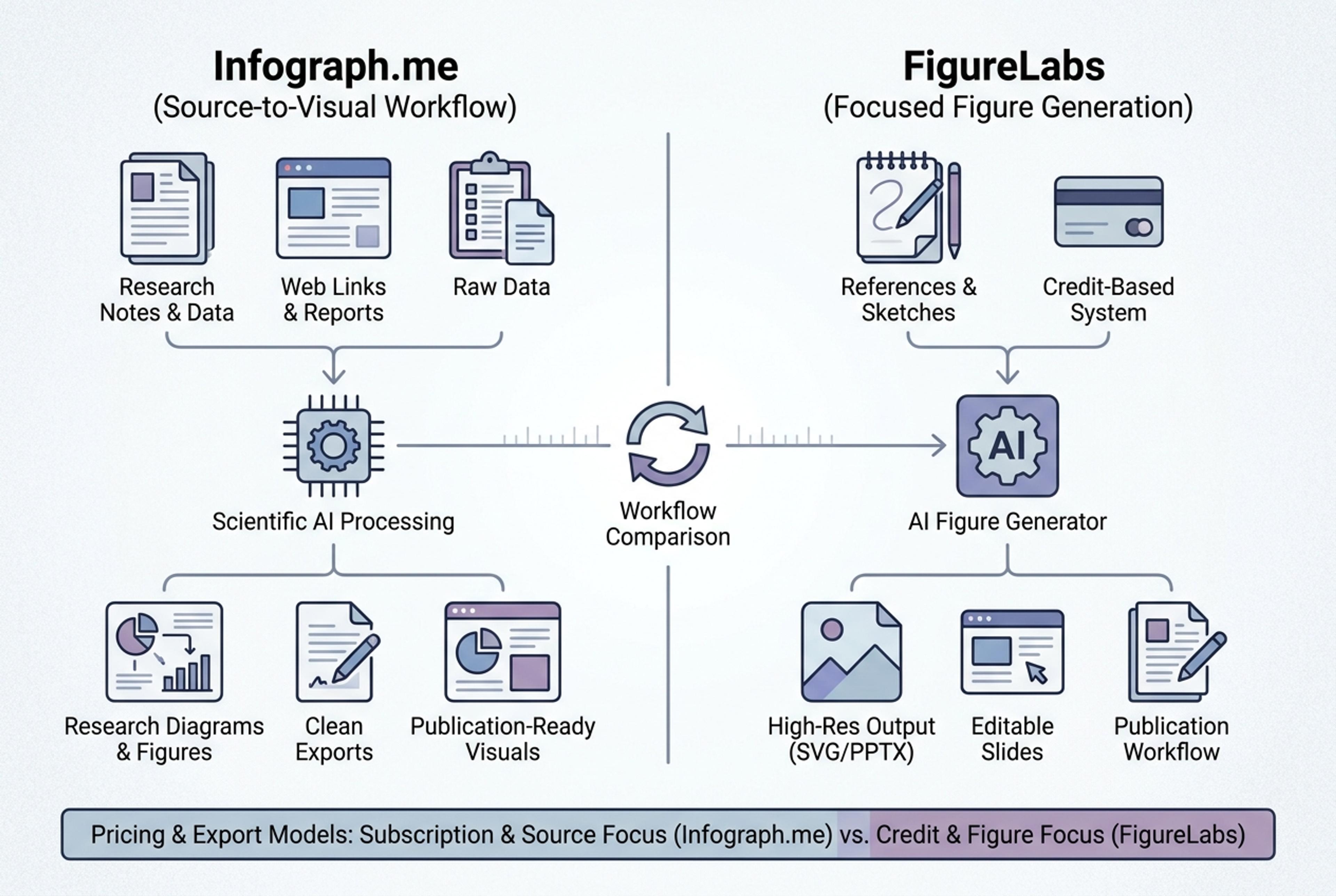 Pricing and export comparison for Infograph.me and FigureLabs showing credits, high-resolution output, SVG, and editable slides