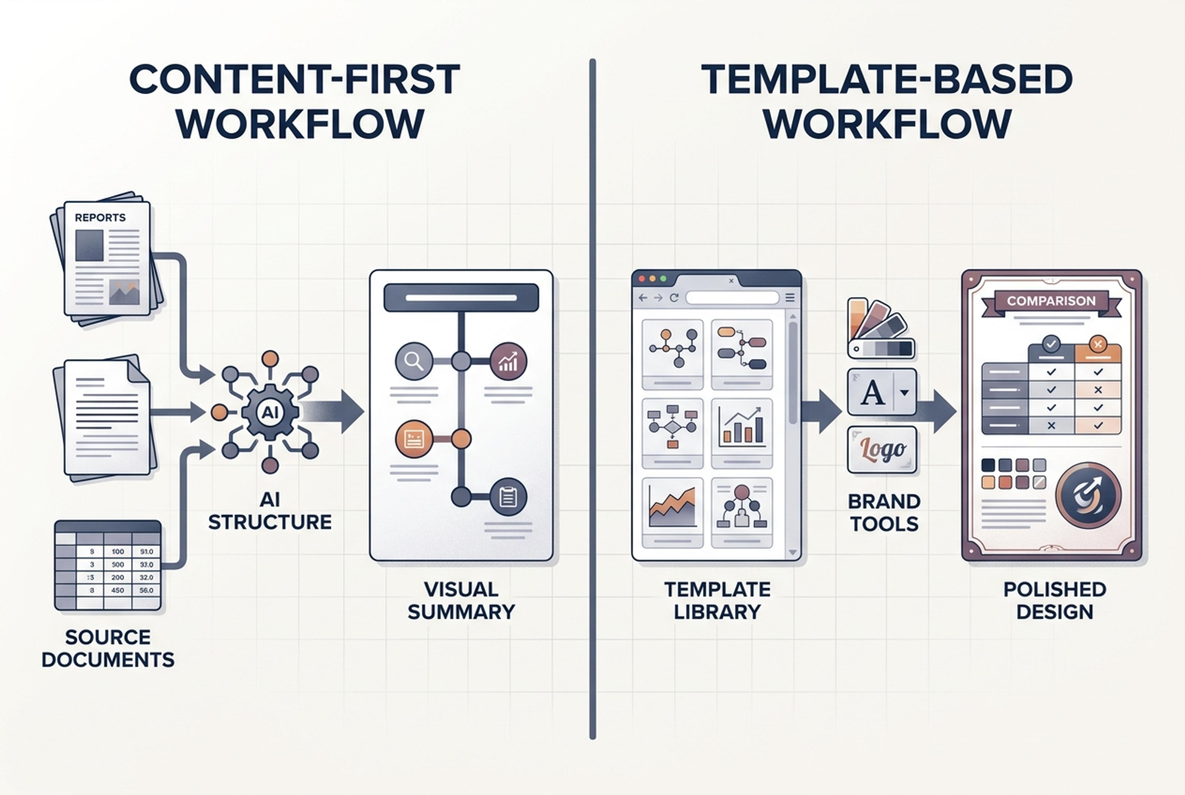 Workflow comparison showing source material becoming an AI infographic beside a template-based design workspace