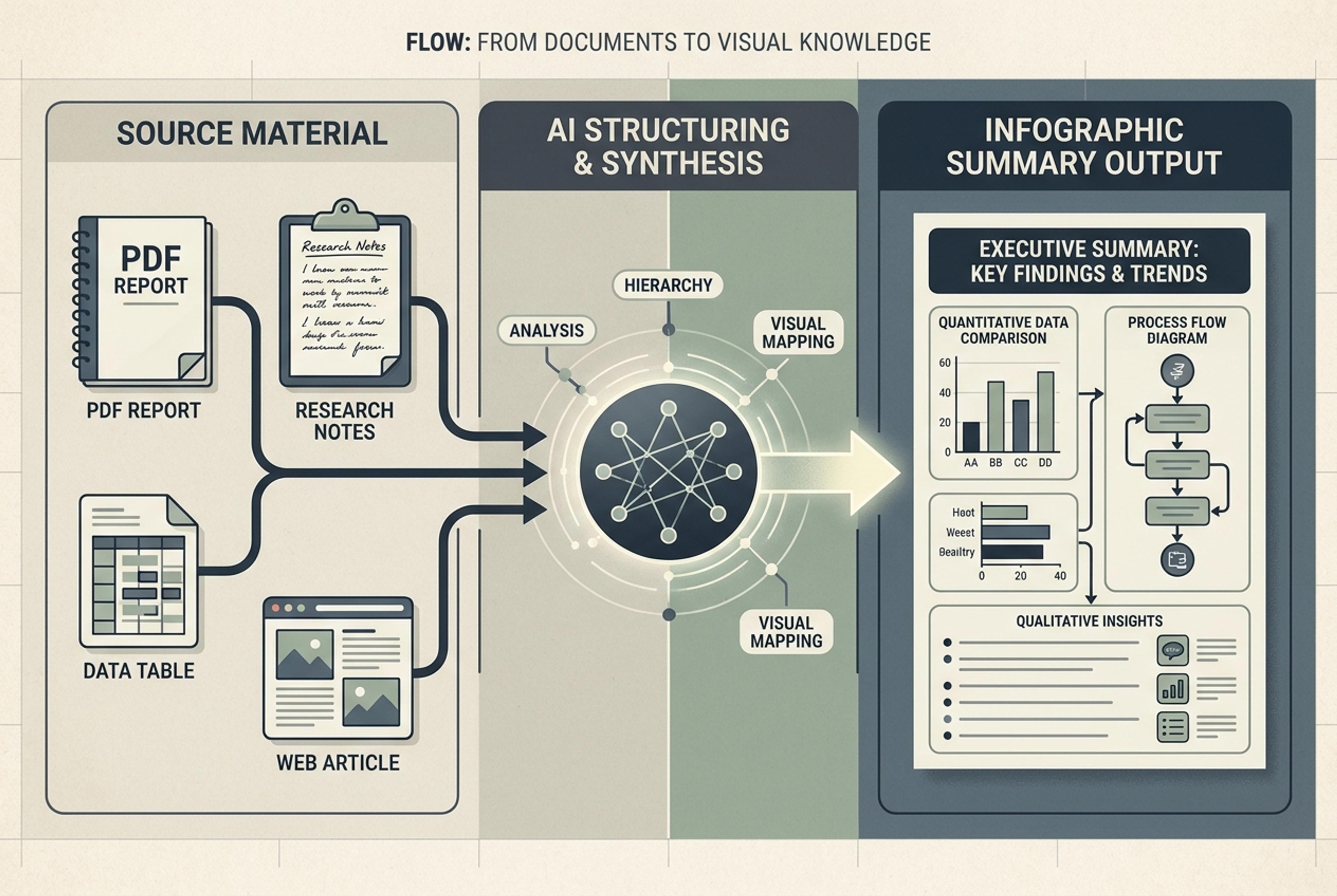 Documents tables and research notes flowing into a polished infographic summary with charts and callouts