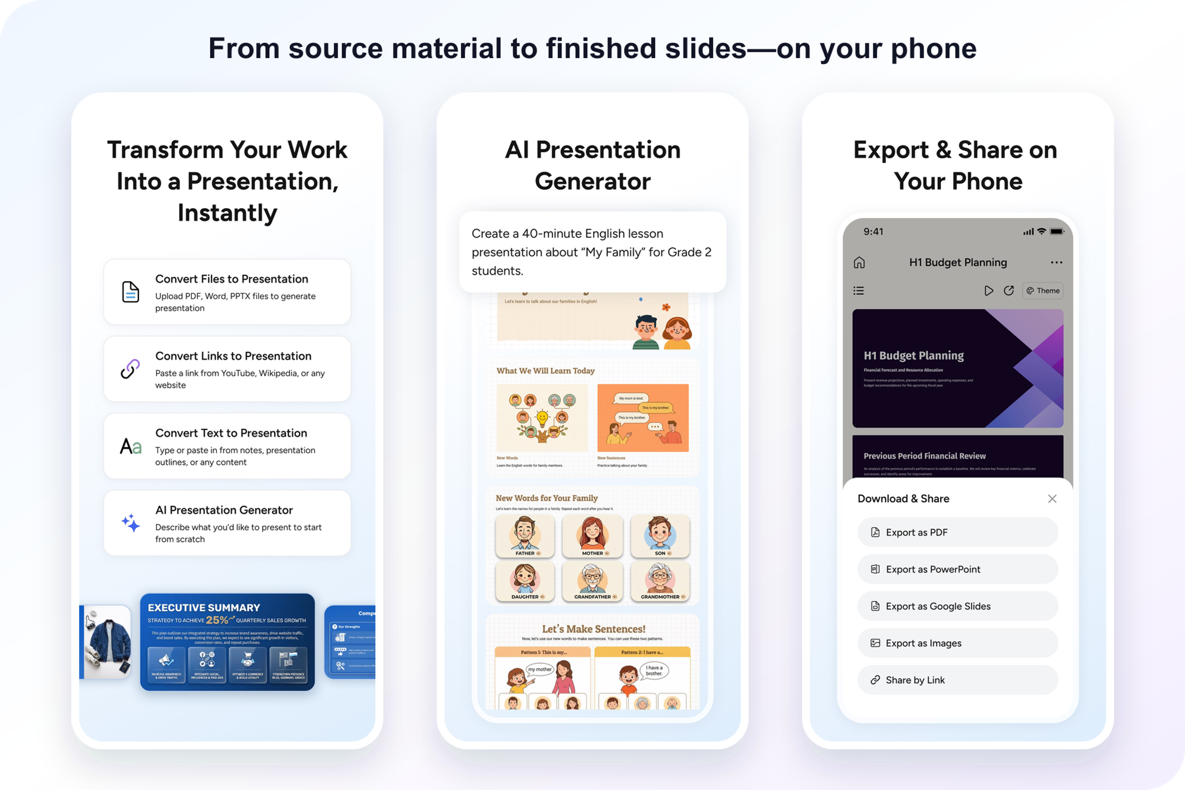 SlidesPilot Mobile takes files, links, text, or a prompt through AI generation to presentation export and sharing