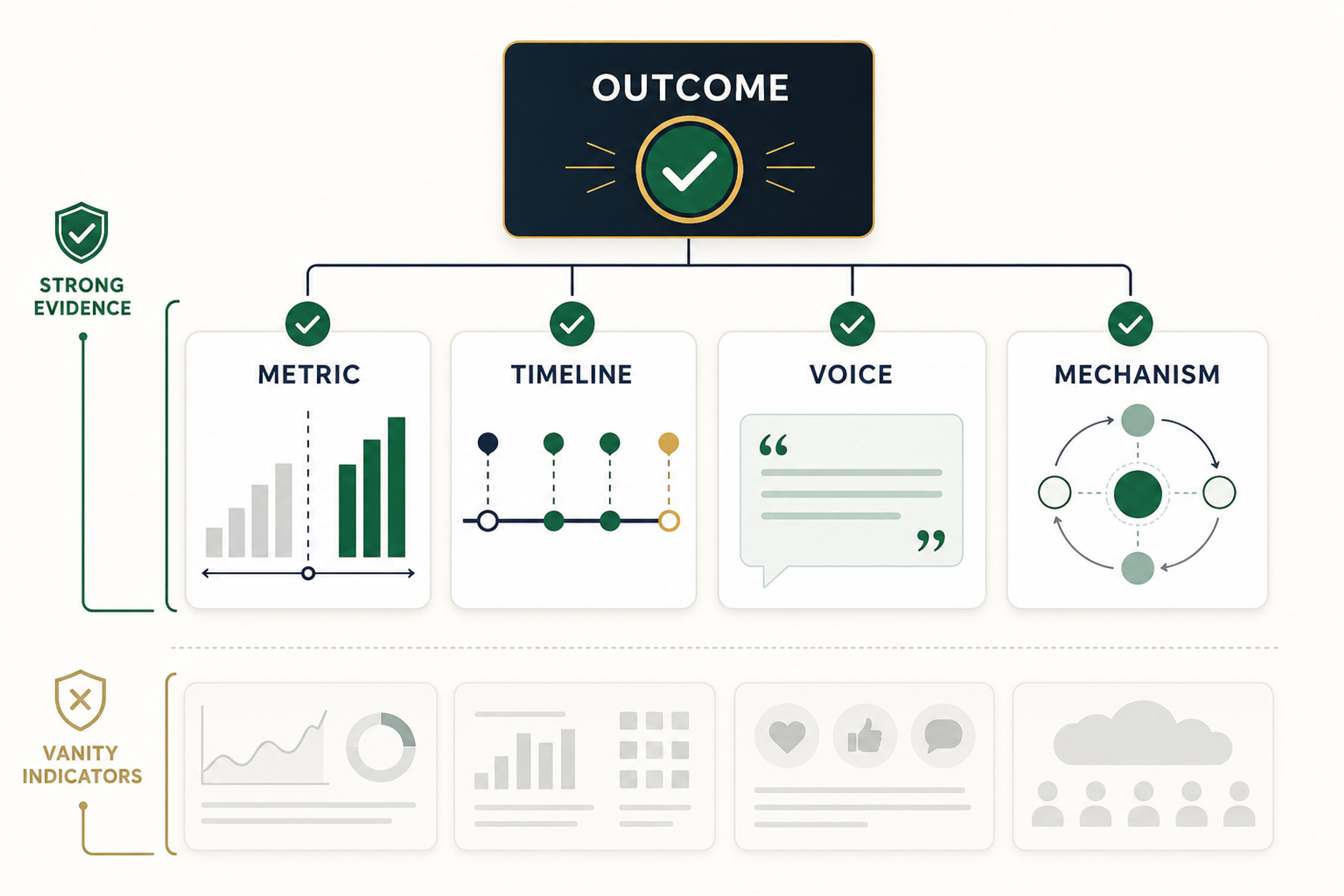 Evidence hierarchy for case study presentations using metrics, timeline, customer voice, and causal mechanism