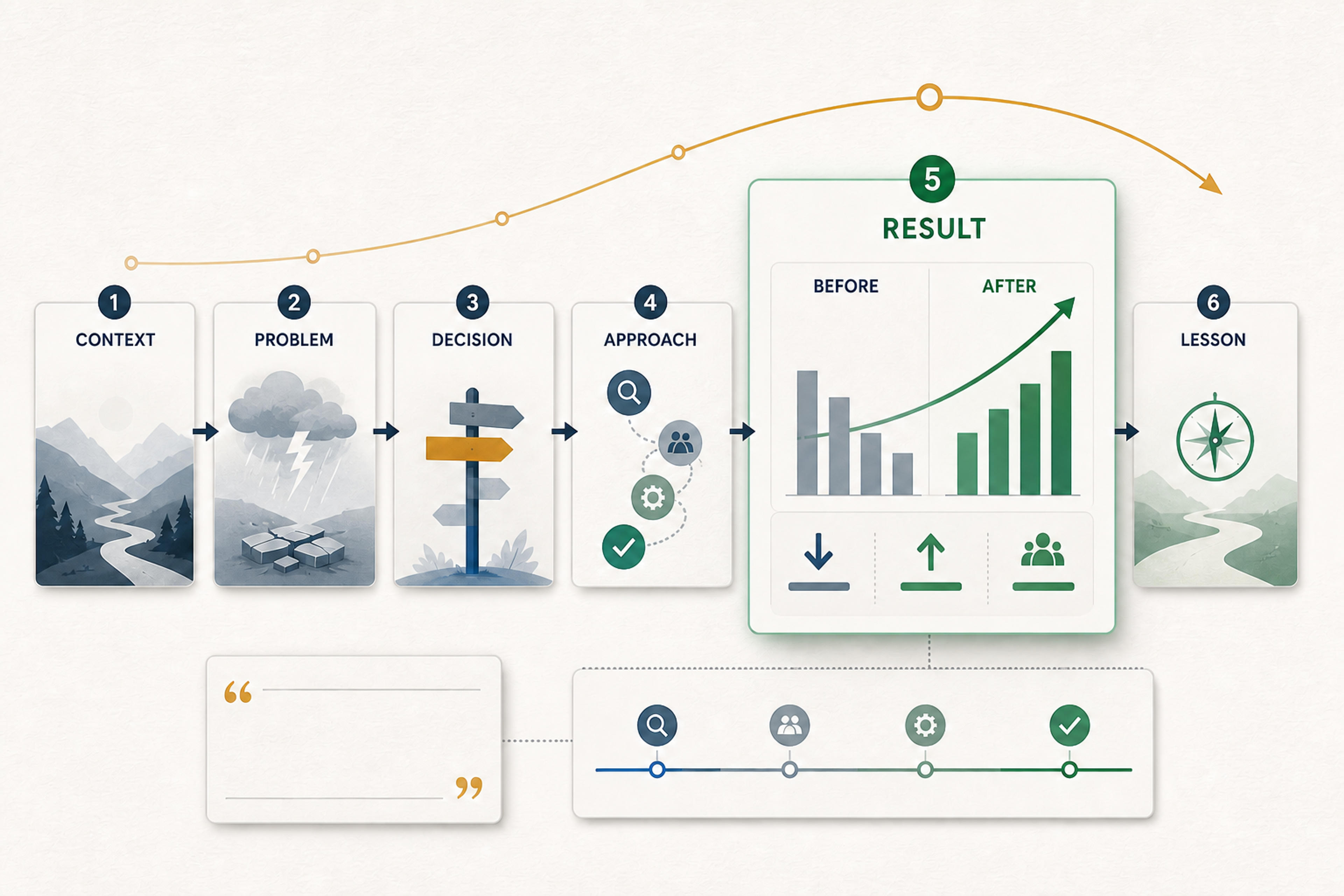 Six-part case study presentation story from context and problem to decision, approach, result, and lesson