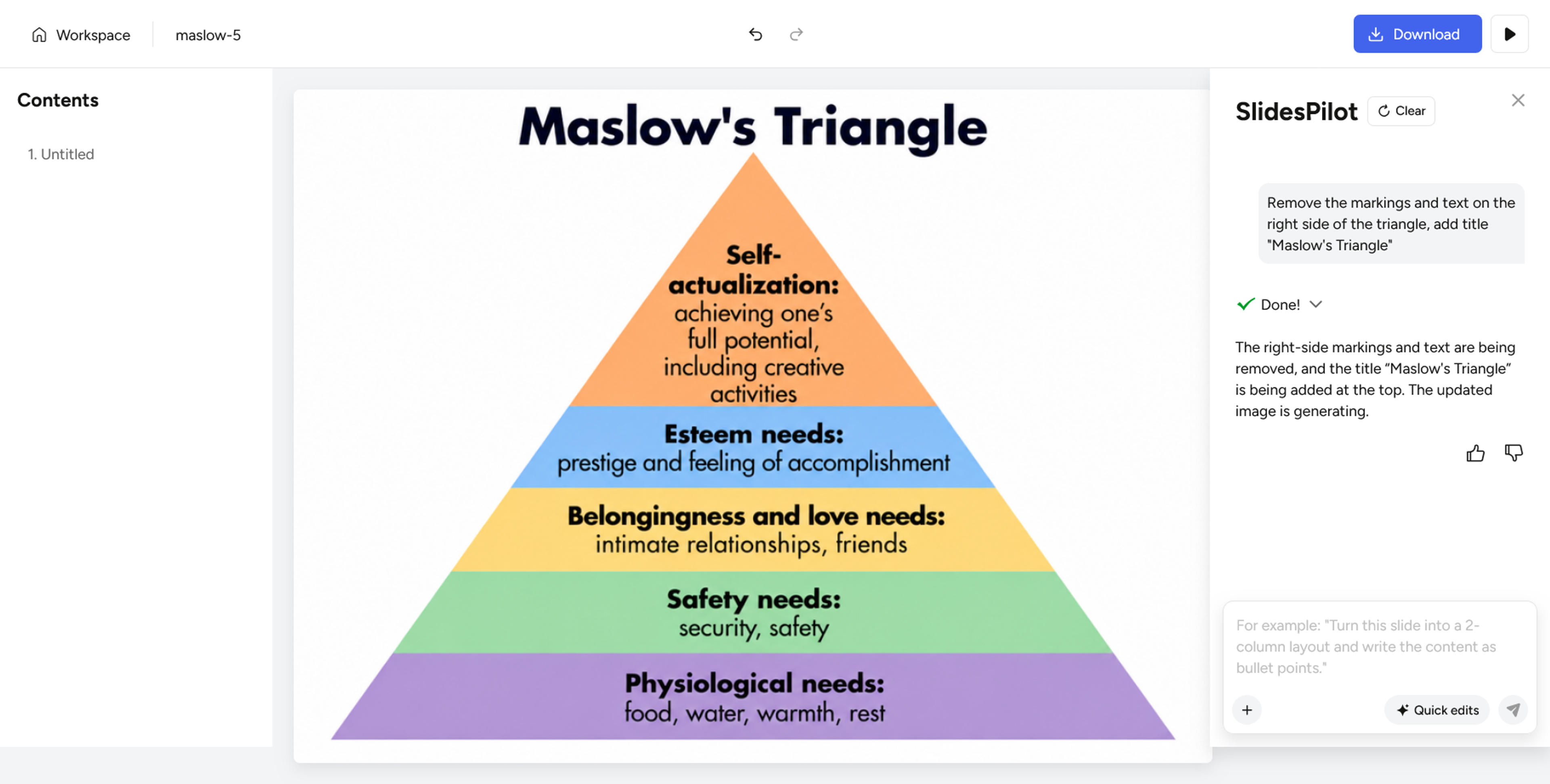 AI edit request beside a revised pyramid titled Maslow’s Triangle
