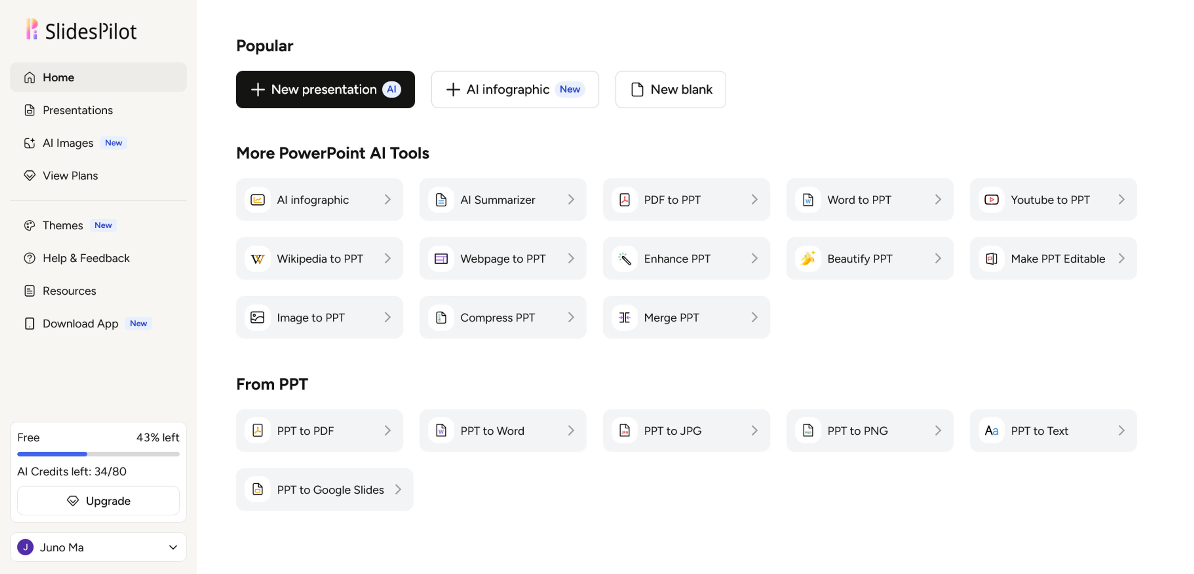 SlidesPilot workspace with Image to PPT under More PowerPoint AI Tools