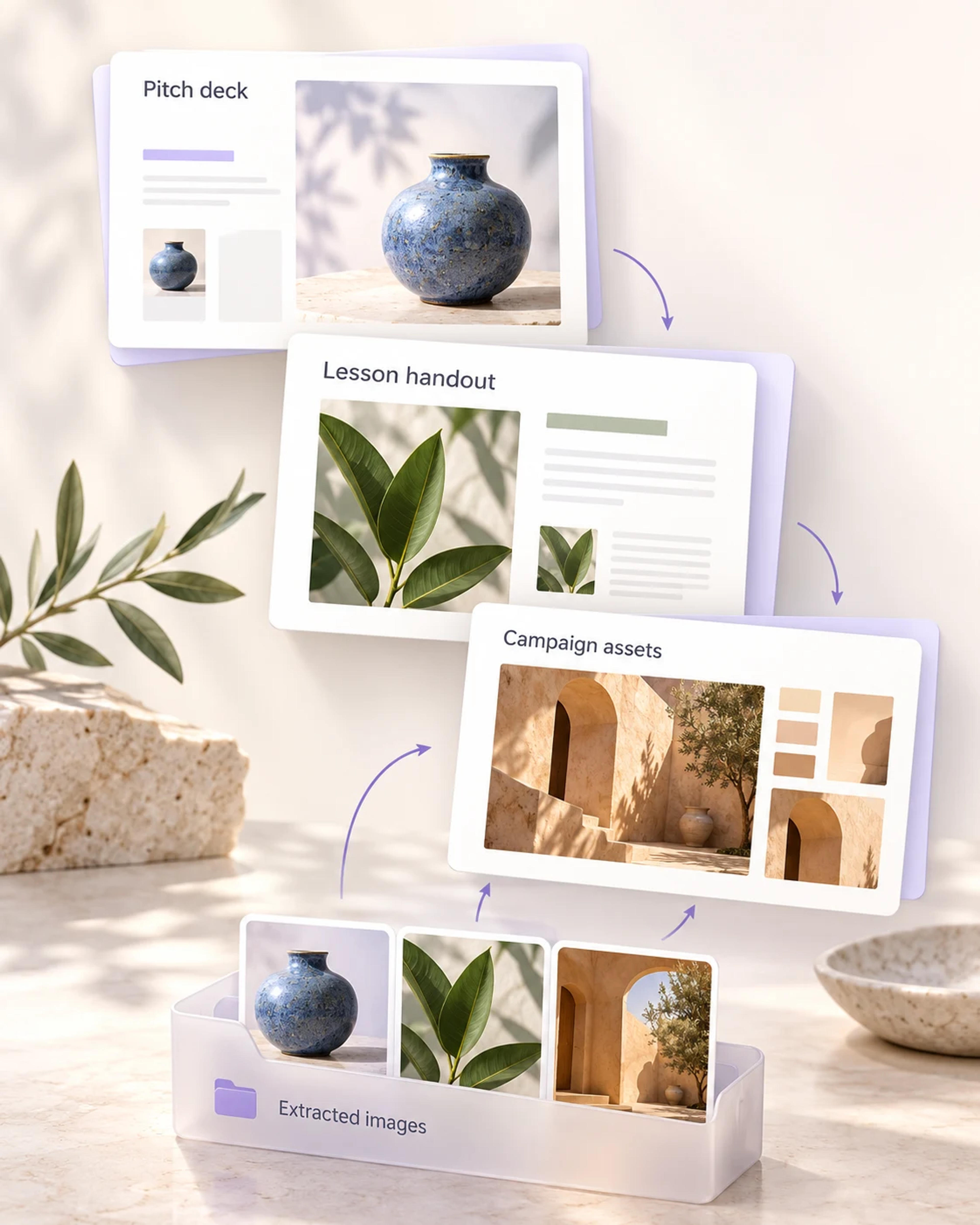 Fotografii extrase cu produse, elemente botanice și arhitectură, reutilizate într-un pitch deck, o fișă de lucru și un panou de resurse pentru campanie.