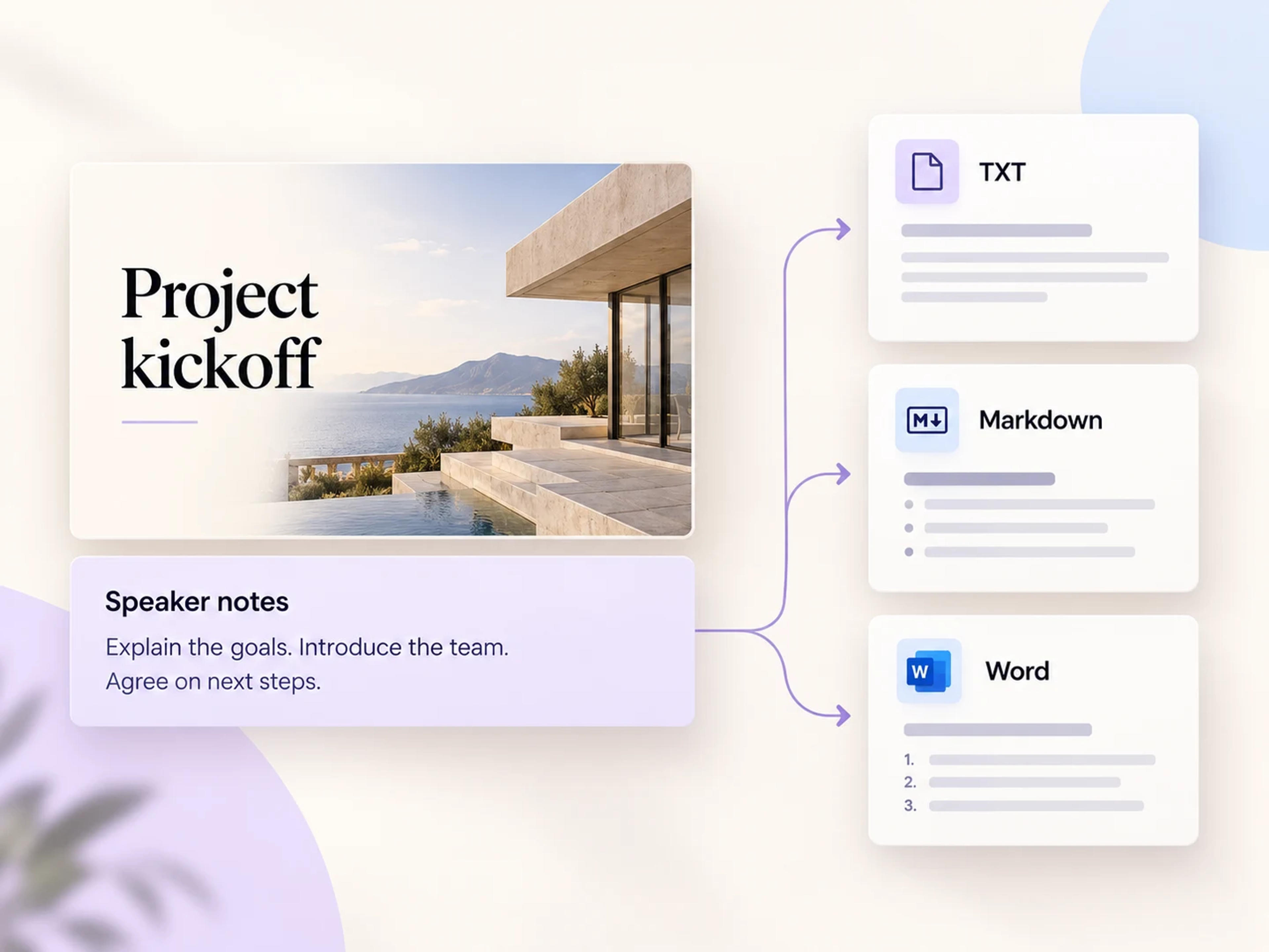 プロジェクトキックオフスライドの下にあるスピーカーノートが TXT、Markdown、Word ドキュメントに抽出されたイメージ。