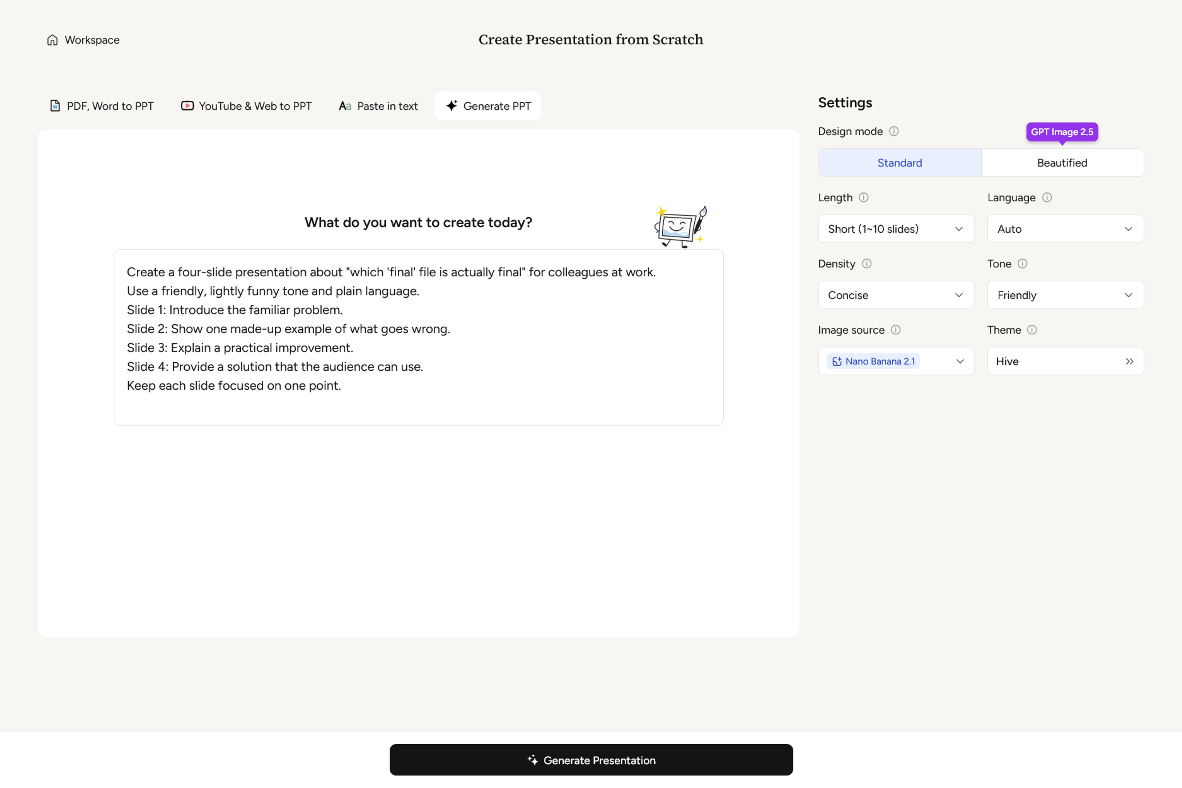 SlidesPilot Generate PPT screen with Tone set to Friendly in Settings