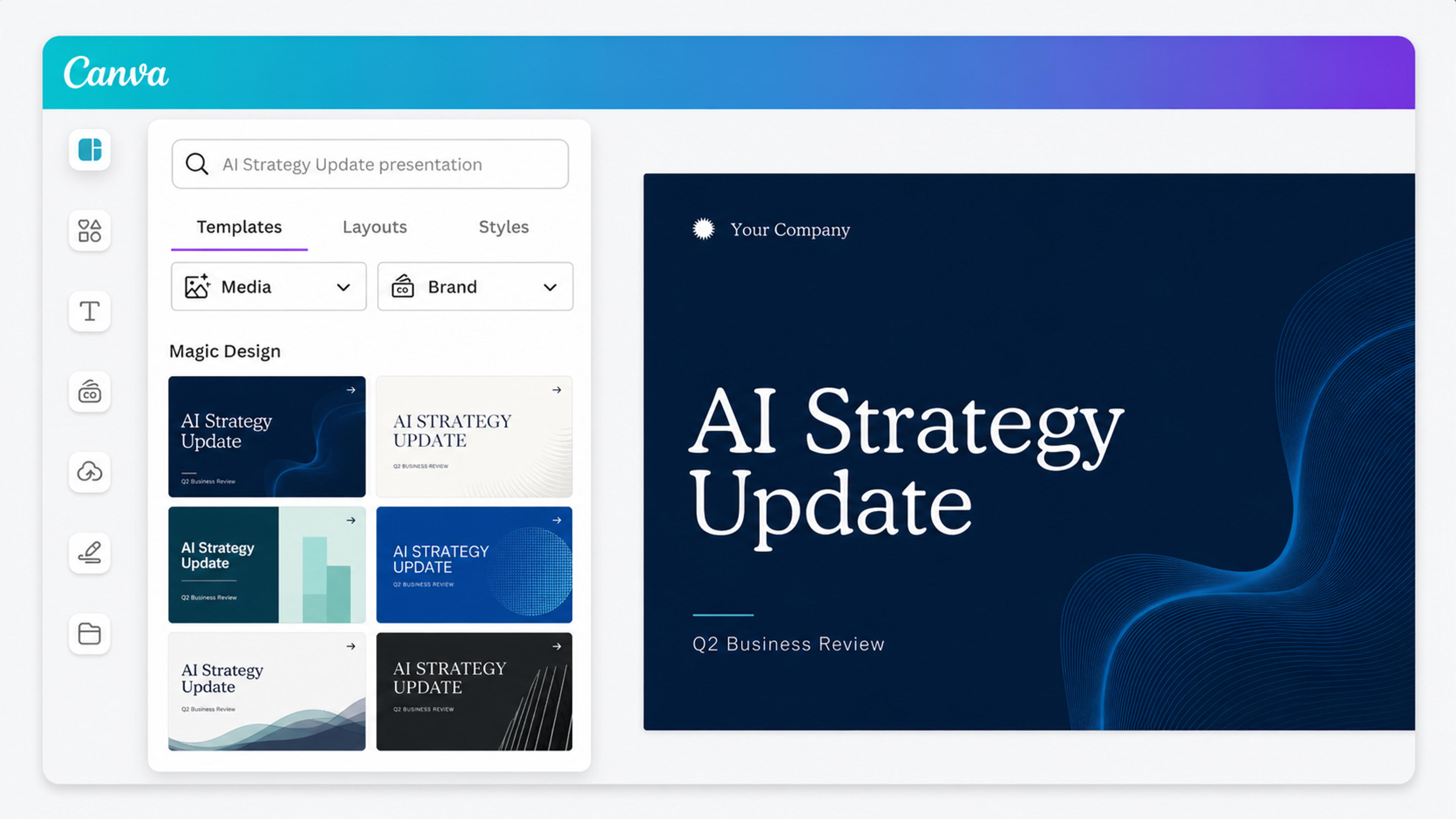 Canva Magic Design 工作區,包含簡報範本和 AI 策略更新投影片組