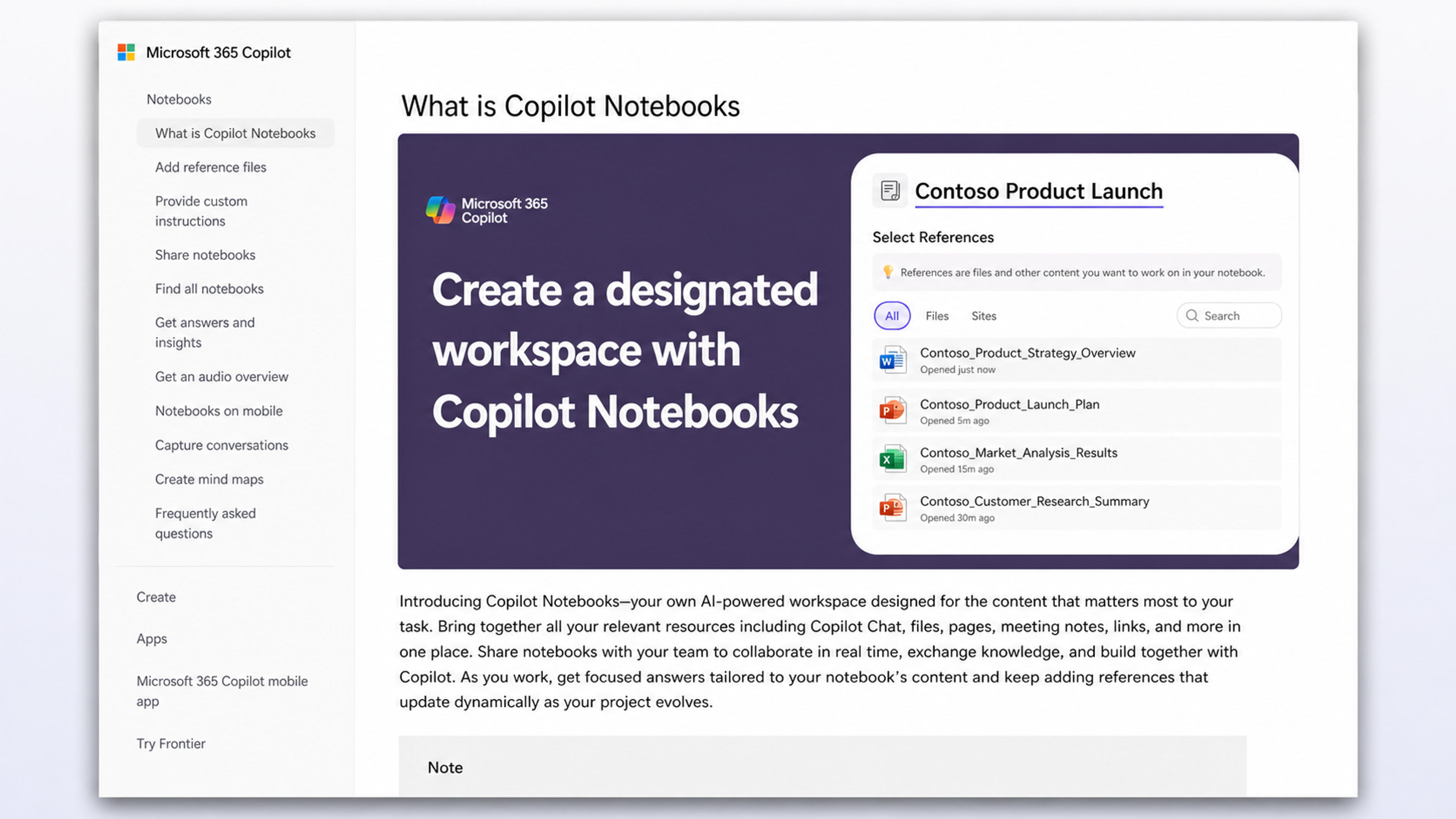 Microsoft 365 Copilot Notebooks 工作區,選擇用於產品發布的 Word、PowerPoint 和 Excel 參考資料