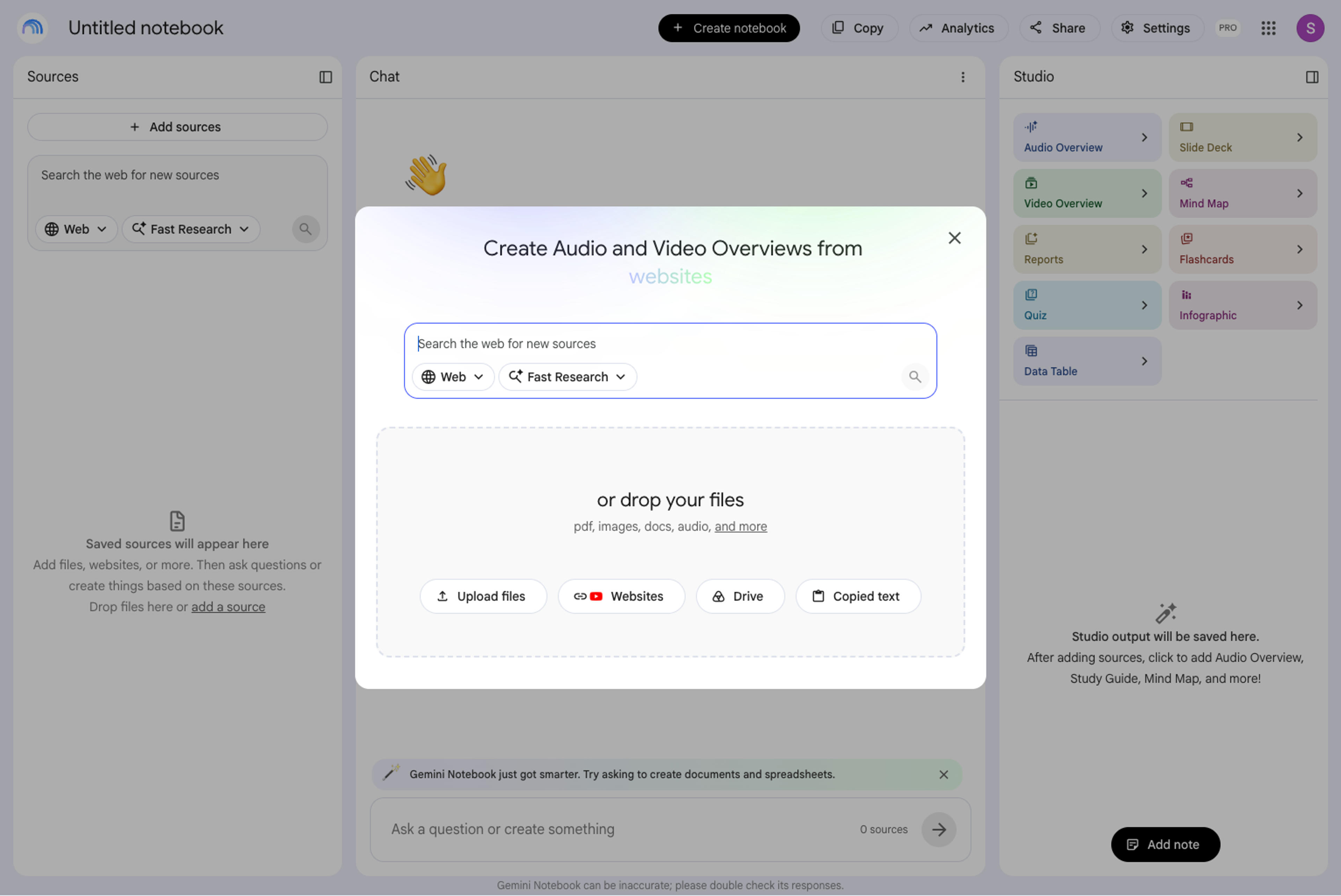 파일 업로드, 웹사이트, Google Drive, 복사된 텍스트, 웹 리서치 옵션이 있는 Gemini Notebook Add sources 대화상자
