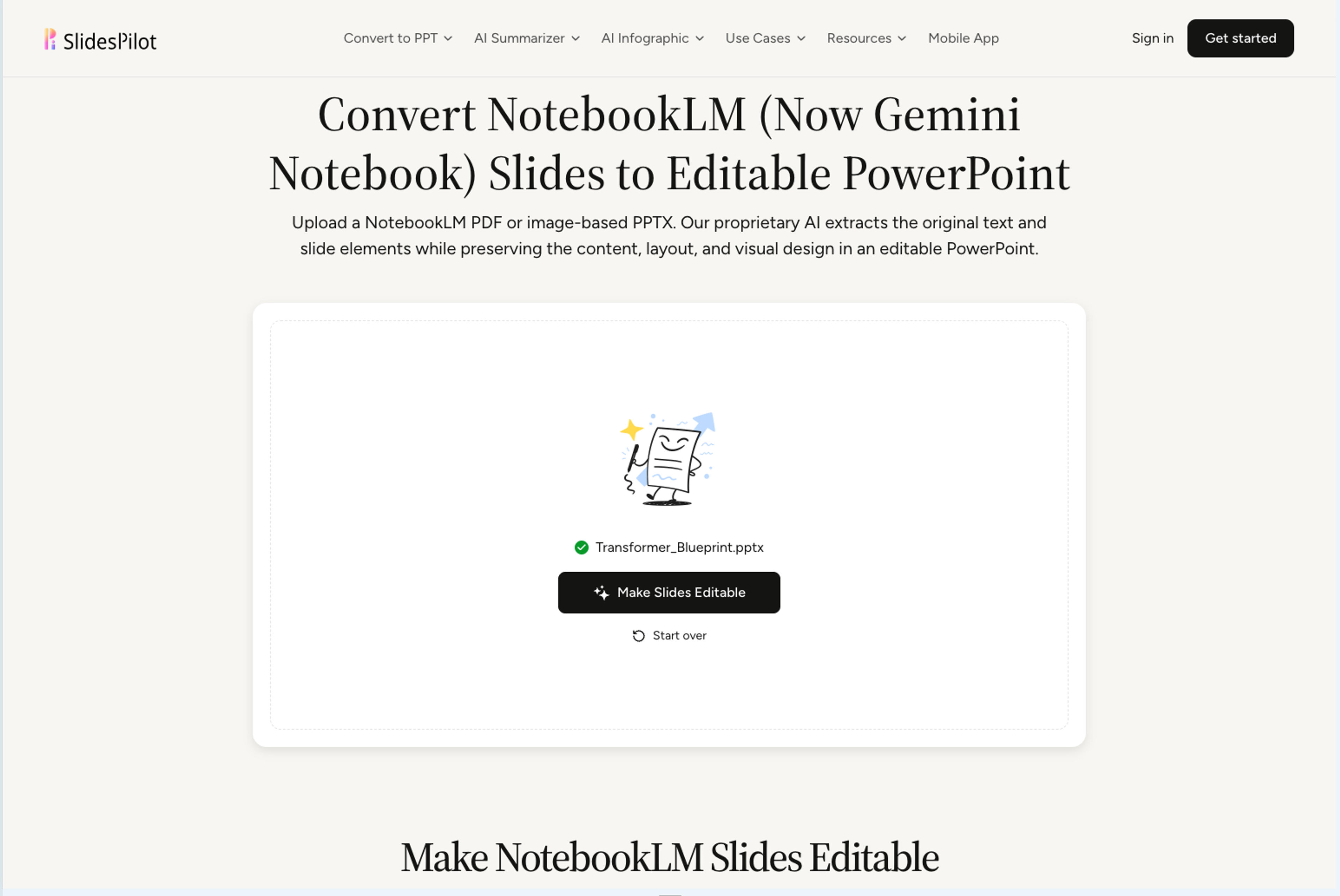 Transformer Blueprint PPTX 가 업로드되어 편집 가능하게 만들 준비가 된 SlidesPilot NotebookLM-PowerPoint 변환기