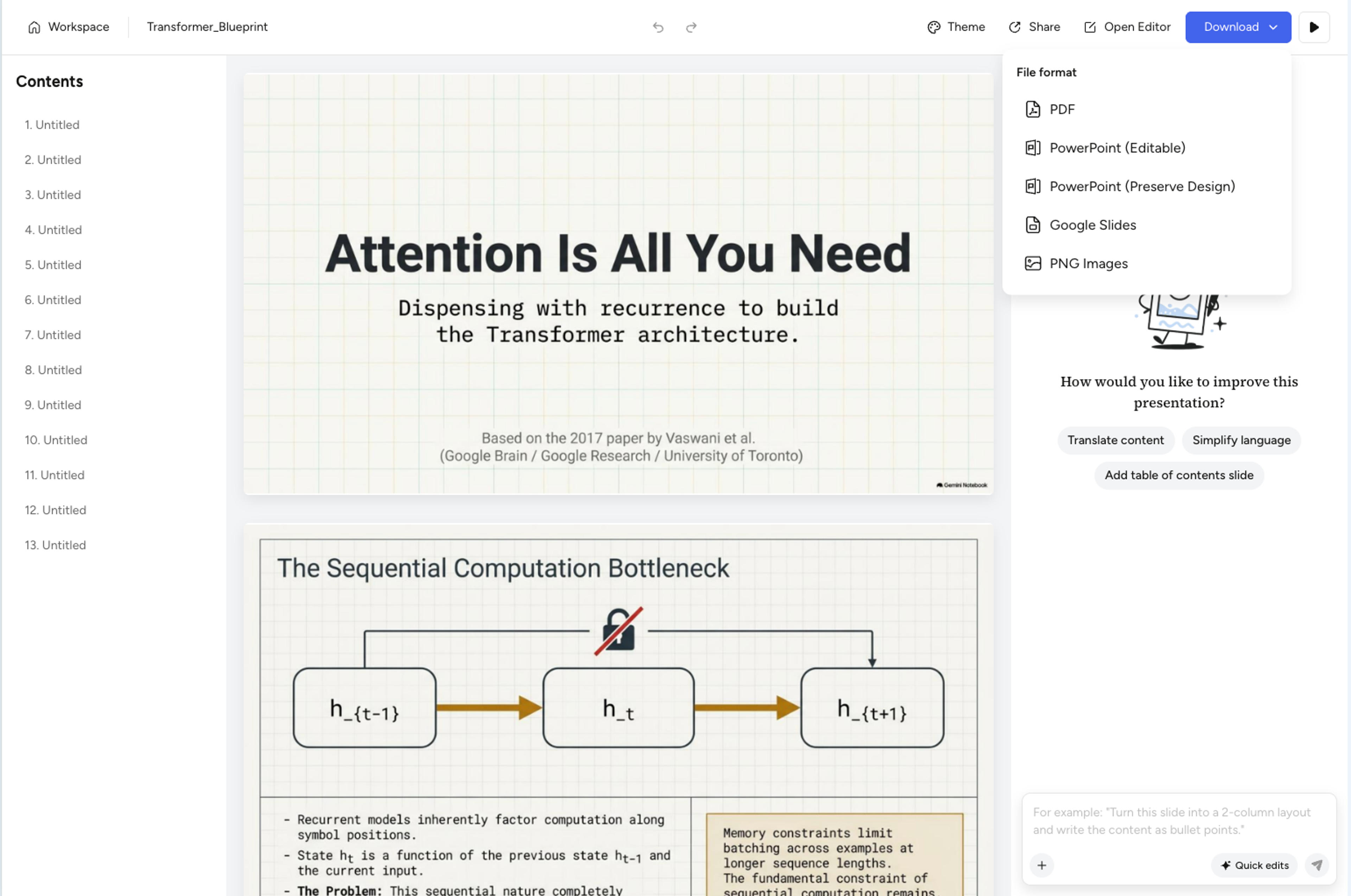 PowerPoint Editable, PowerPoint Preserve Design, Google Slides, PDF 및 PNG 옵션이 있는 SlidesPilot 내보내기 메뉴