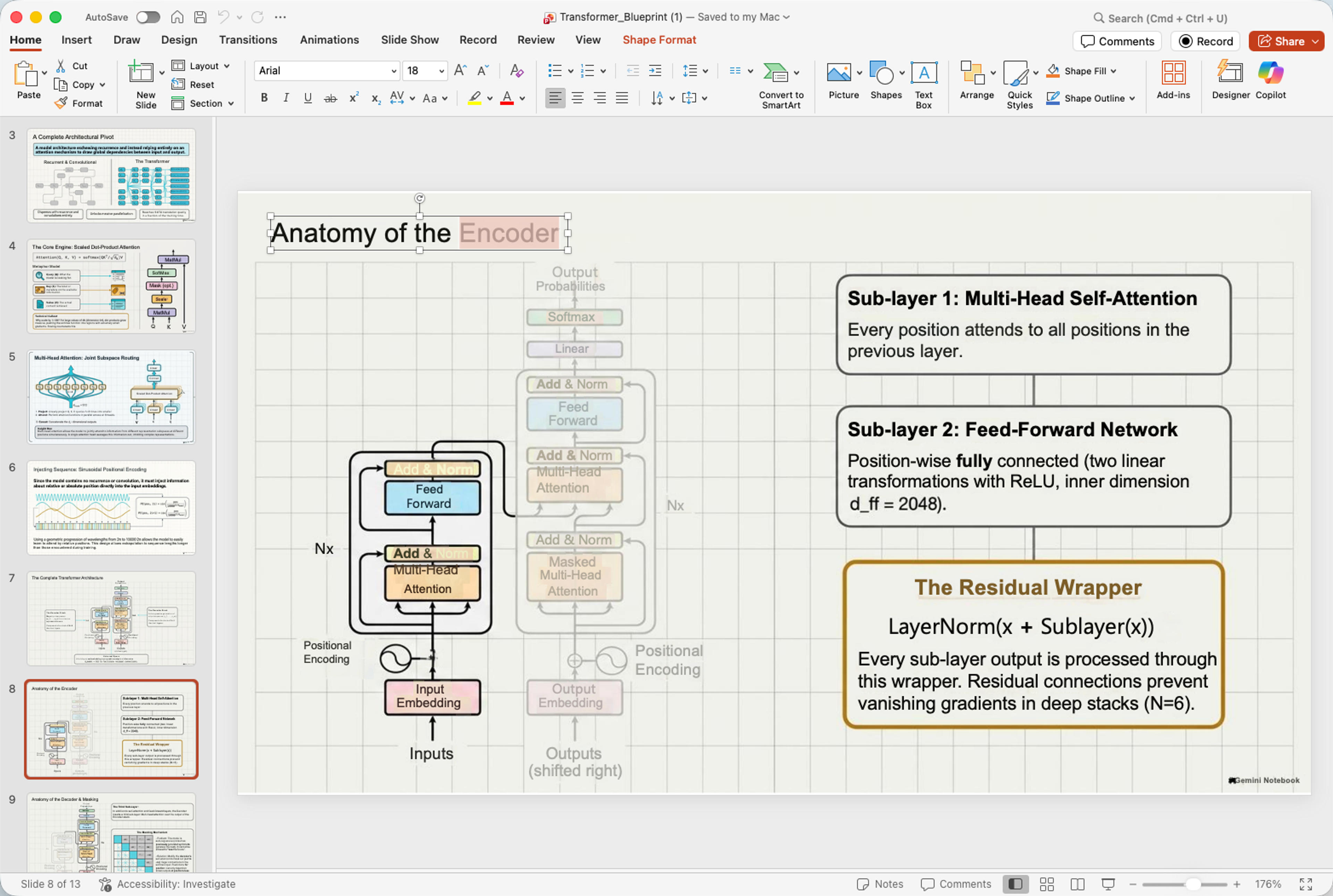 변환된 Gemini Notebook 프레젠테이션에서 개별적으로 선택되어 편집 가능한 텍스트 요소를 보여주는 Microsoft PowerPoint