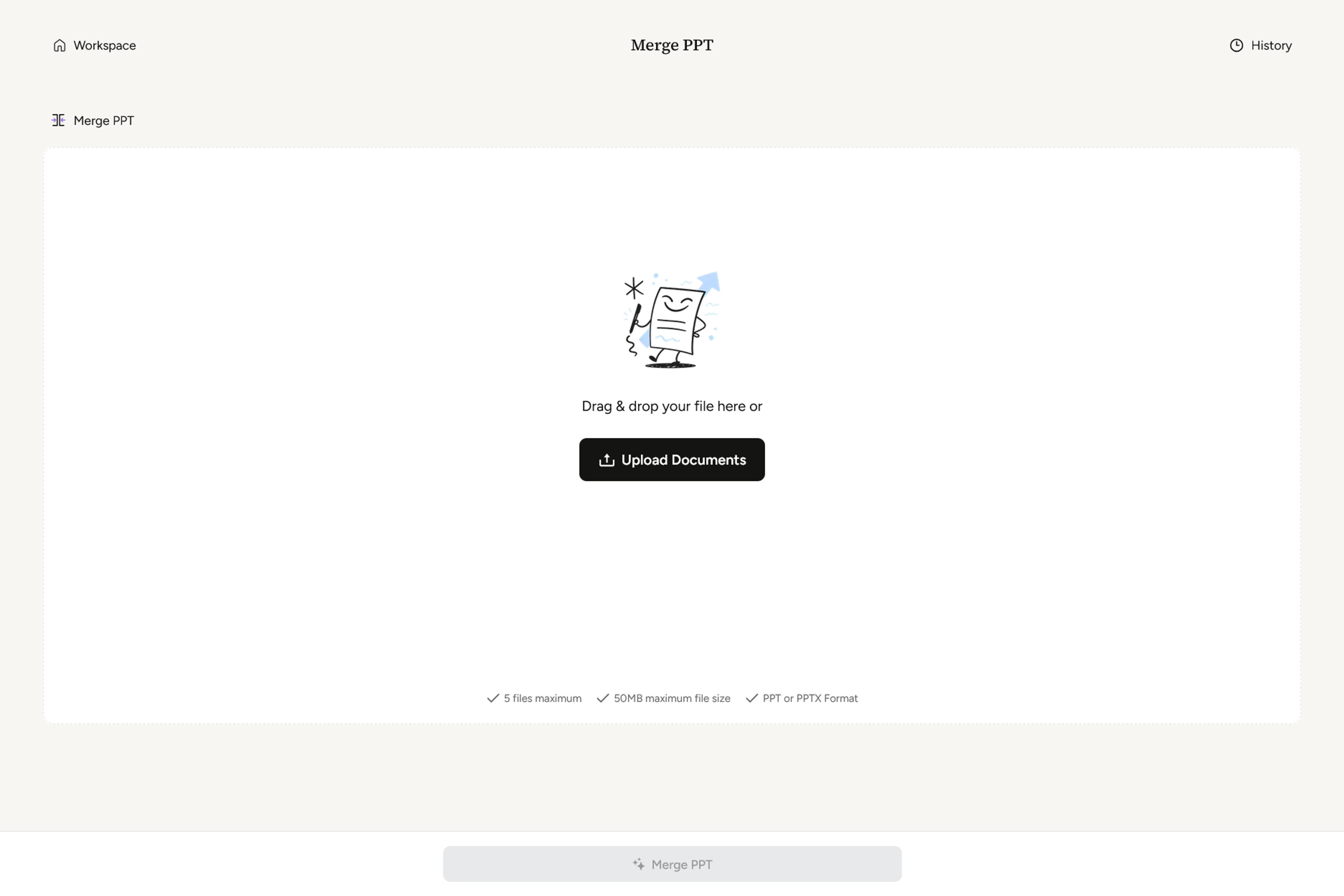Οθόνη μεταφόρτωσης SlidesPilot Merge PPT με την επιλογή Upload Documents και τα υποστηριζόμενα όρια αρχείων