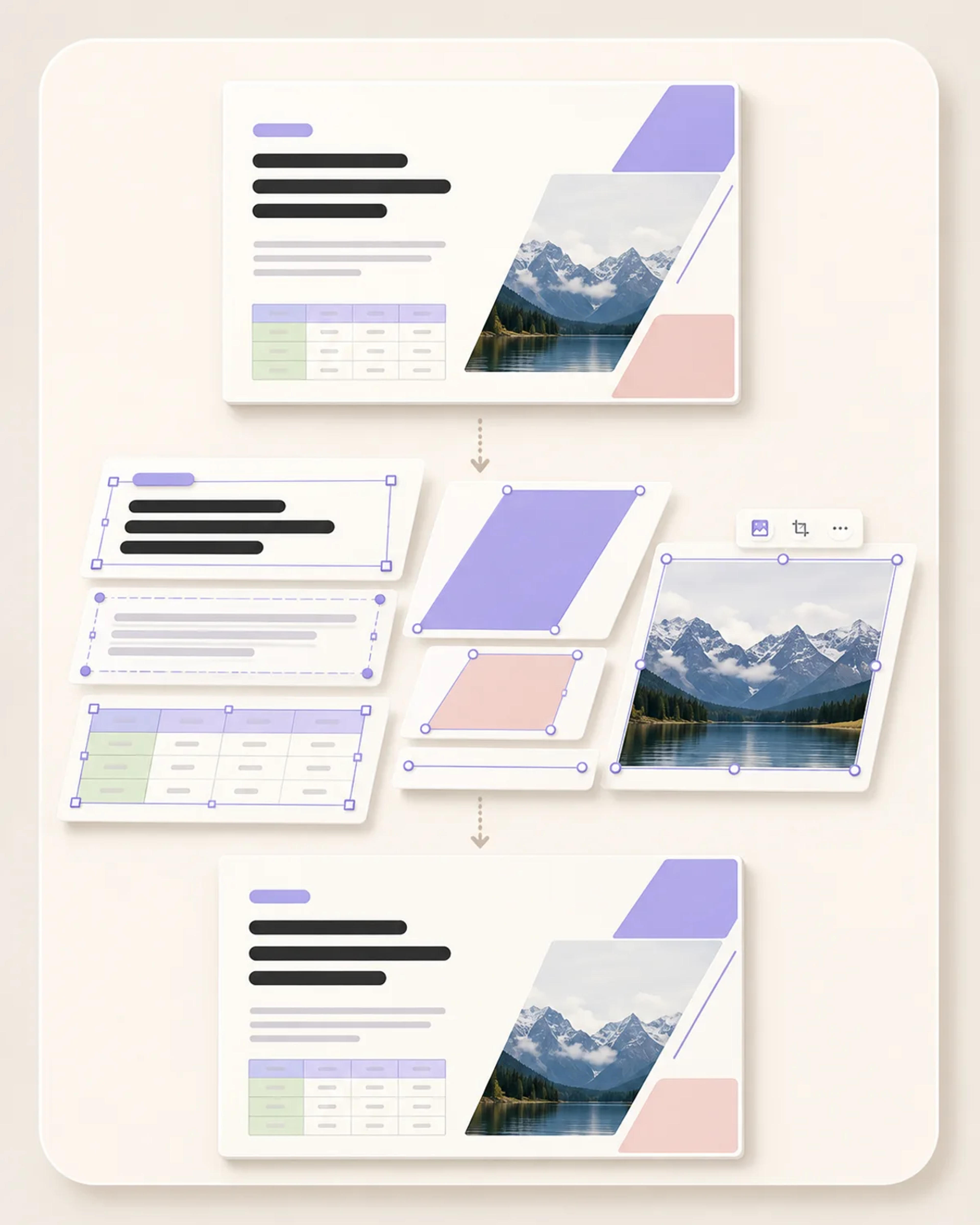 A slide image separated into editable text, shapes, table, and image objects before being rebuilt as a PowerPoint slide