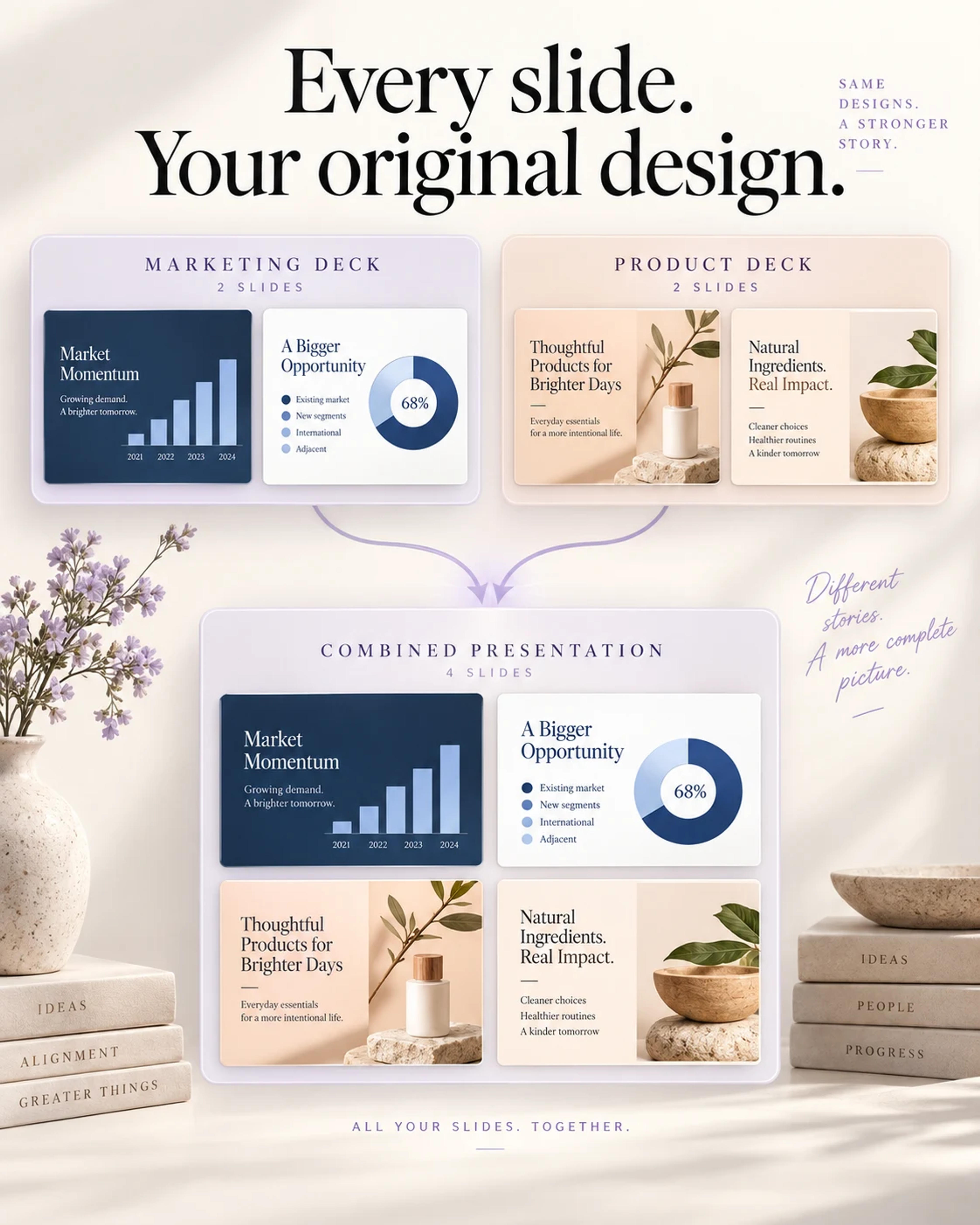 Two source presentations with different navy and peach designs combine into four individual slides that retain their original layouts.