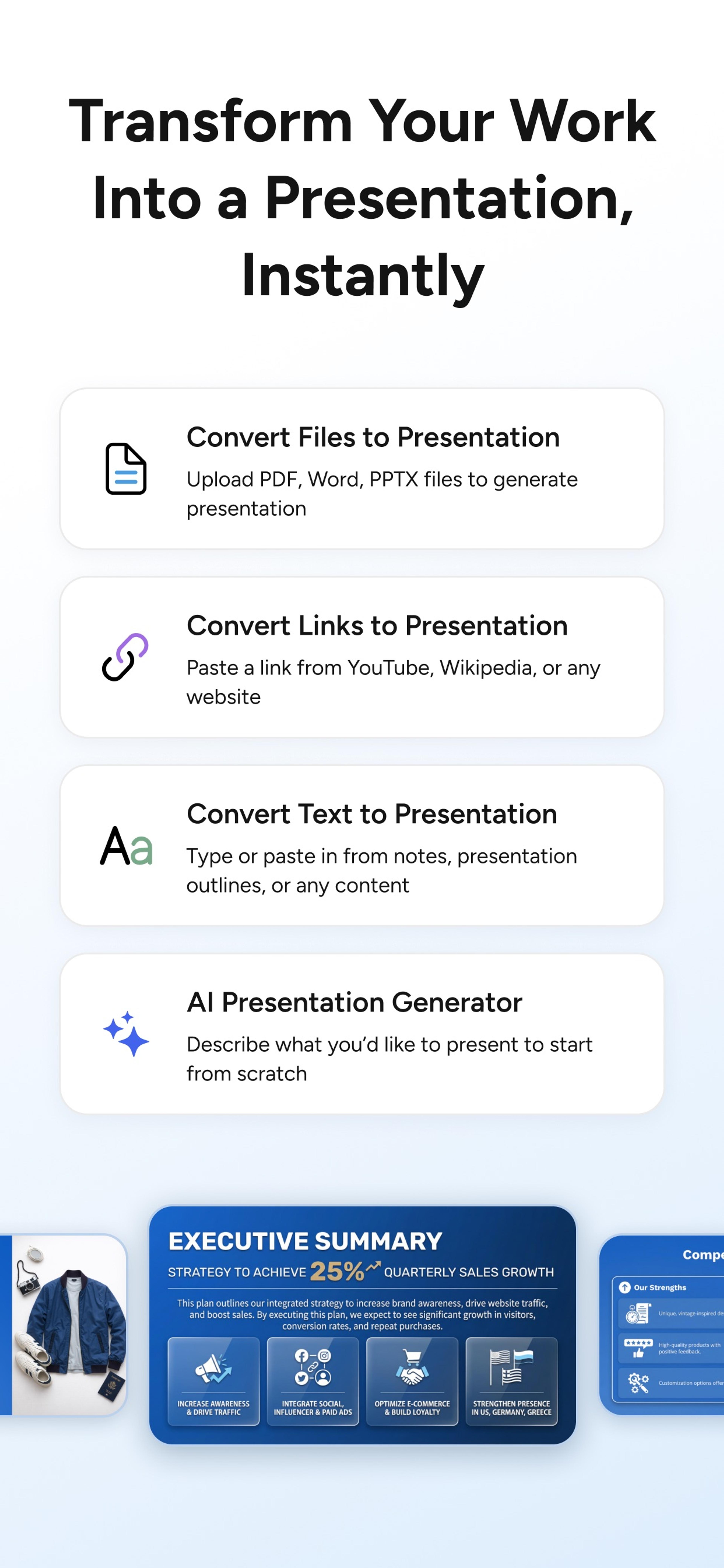 Aplicativo de PowerPoint com IA SlidesPilot com opções para converter arquivos, links e texto ou gerar uma apresentação com IA