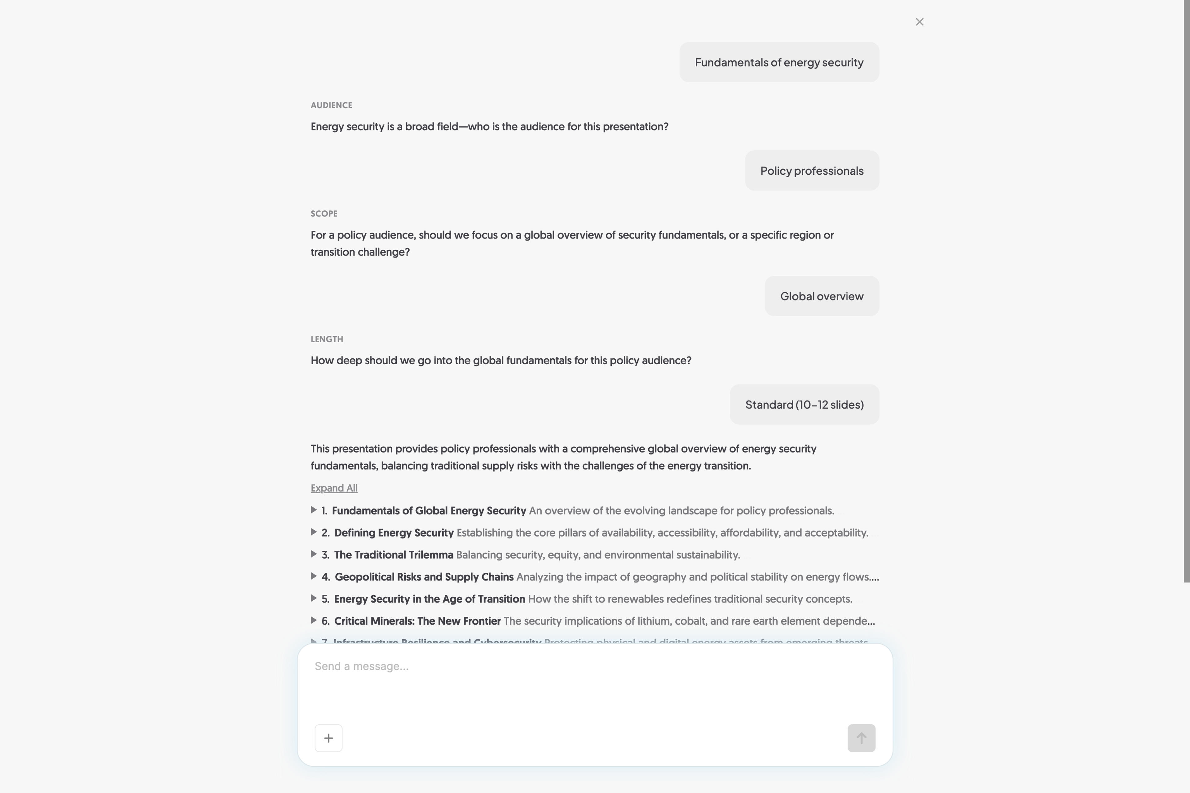 Nastavení Napkin Slides zobrazující konverzaci o publiku, rozsahu a délce prezentace