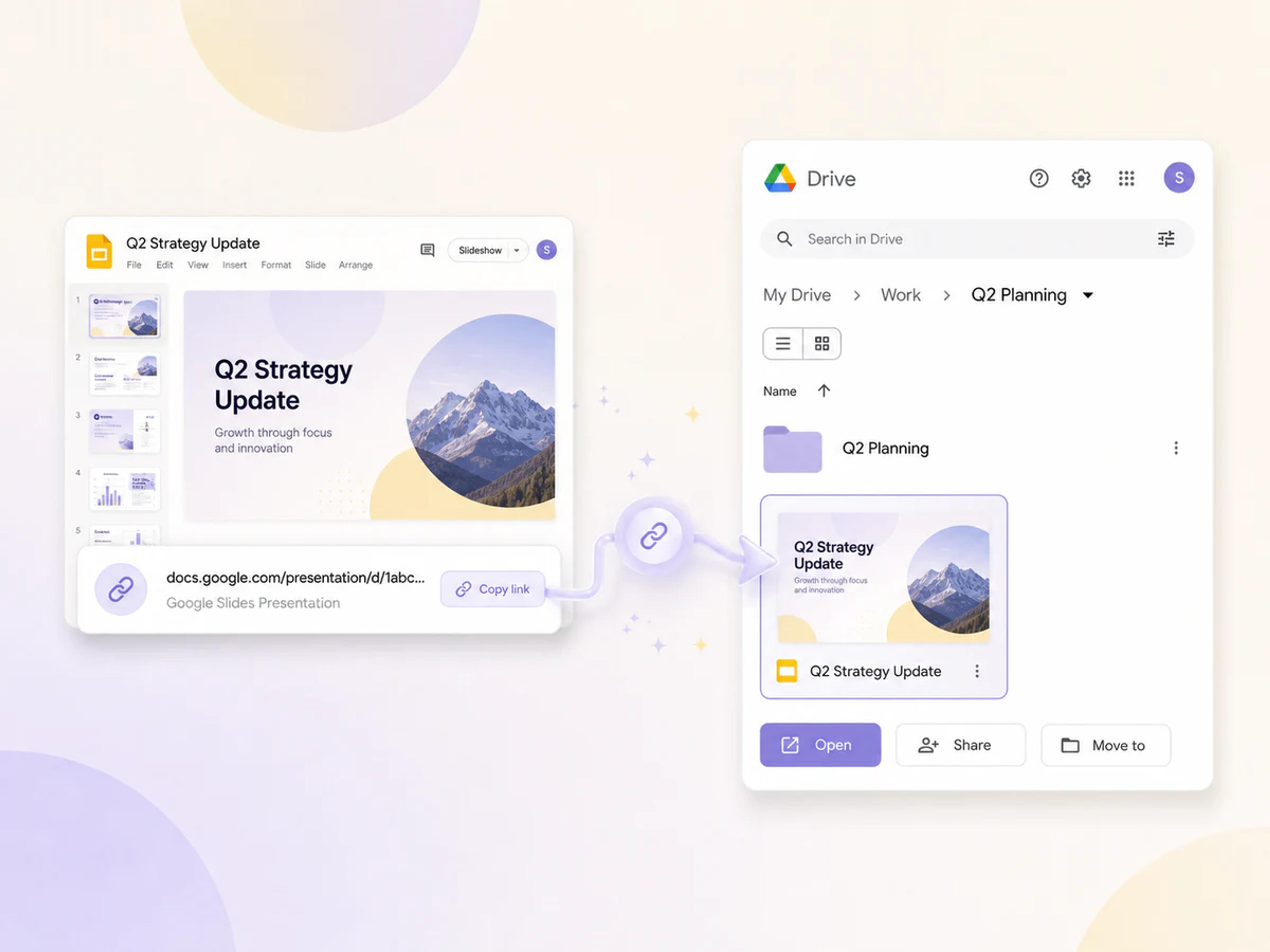 Google Slides-Präsentationslink in das Google Drive des Benutzers kopiert
