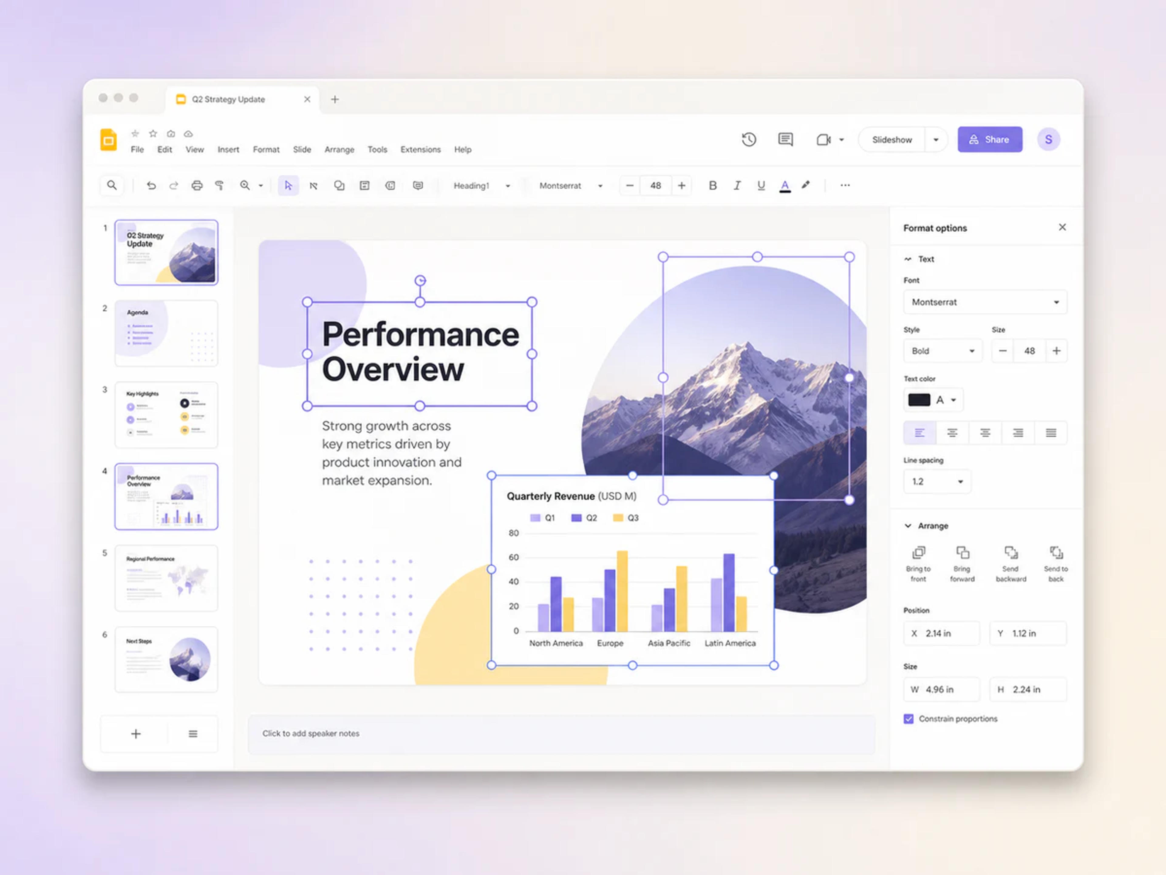 Bearbeitbare Text-, Diagramm- und visuelle Elemente in einer Google Slides-Präsentation