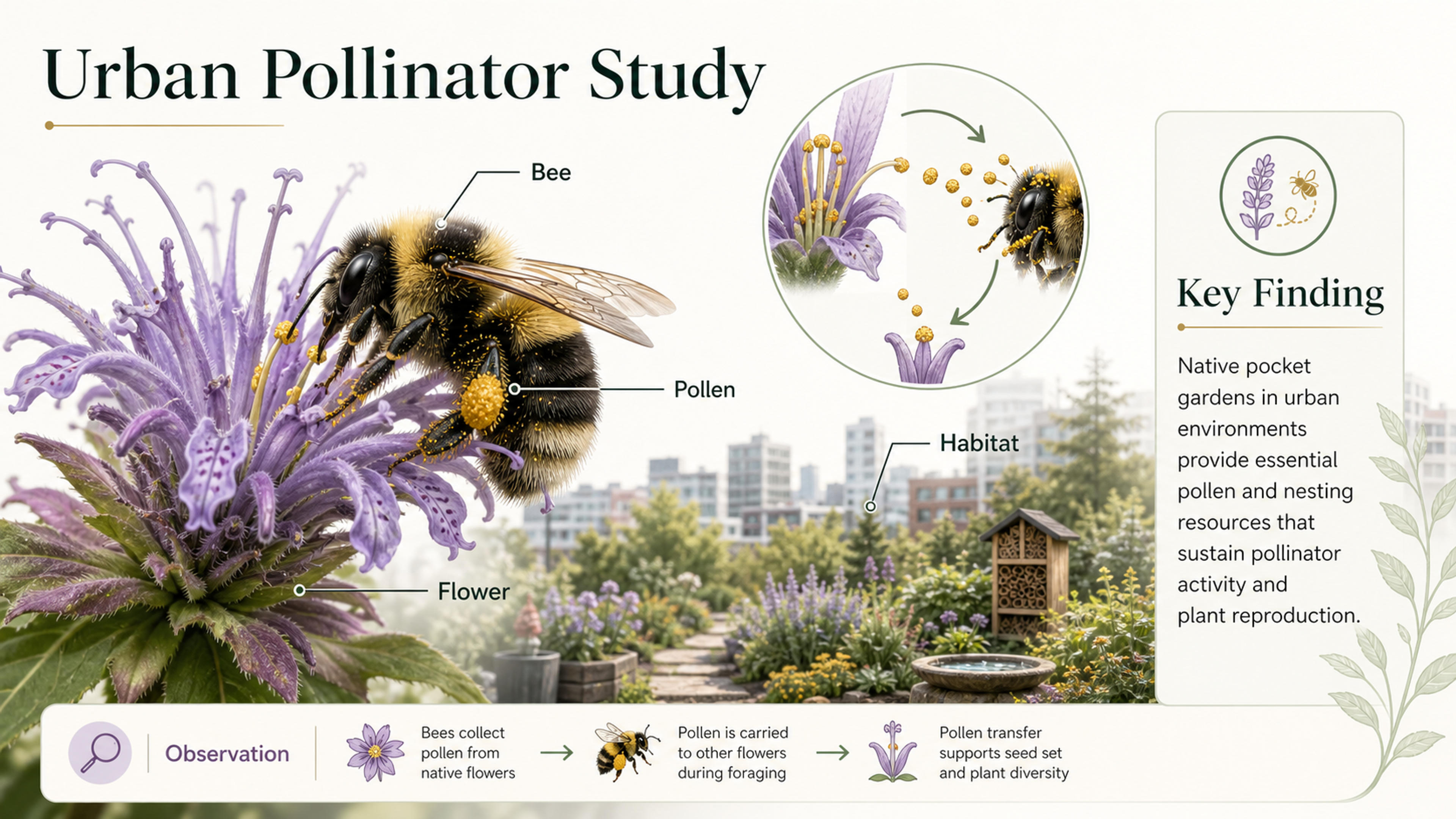 Diapositive de recherche sur les pollinisateurs urbains annotée, créée à partir d'un mémoire de recherche Word
