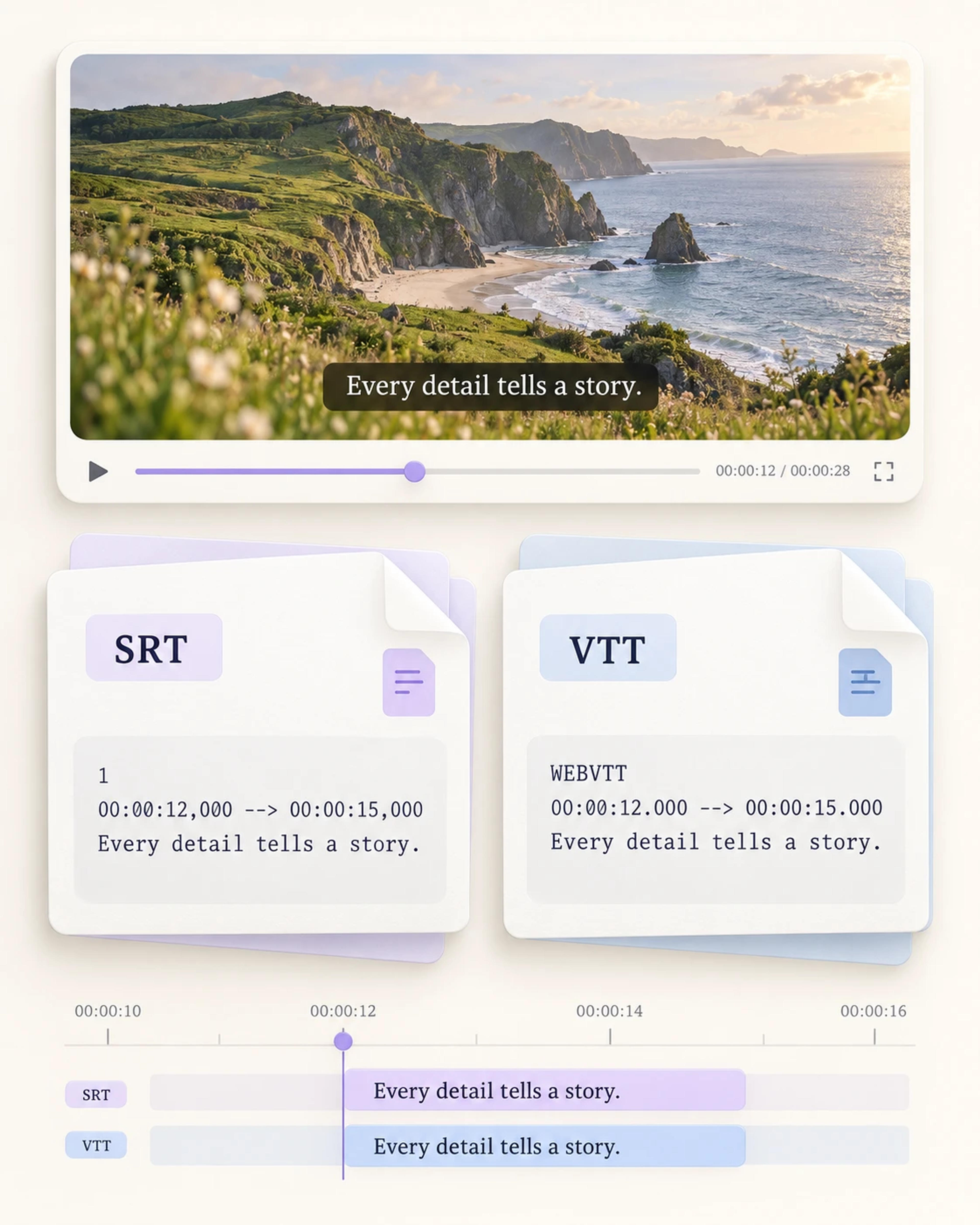 SRT and WebVTT file examples showing the same caption and matching start and end times