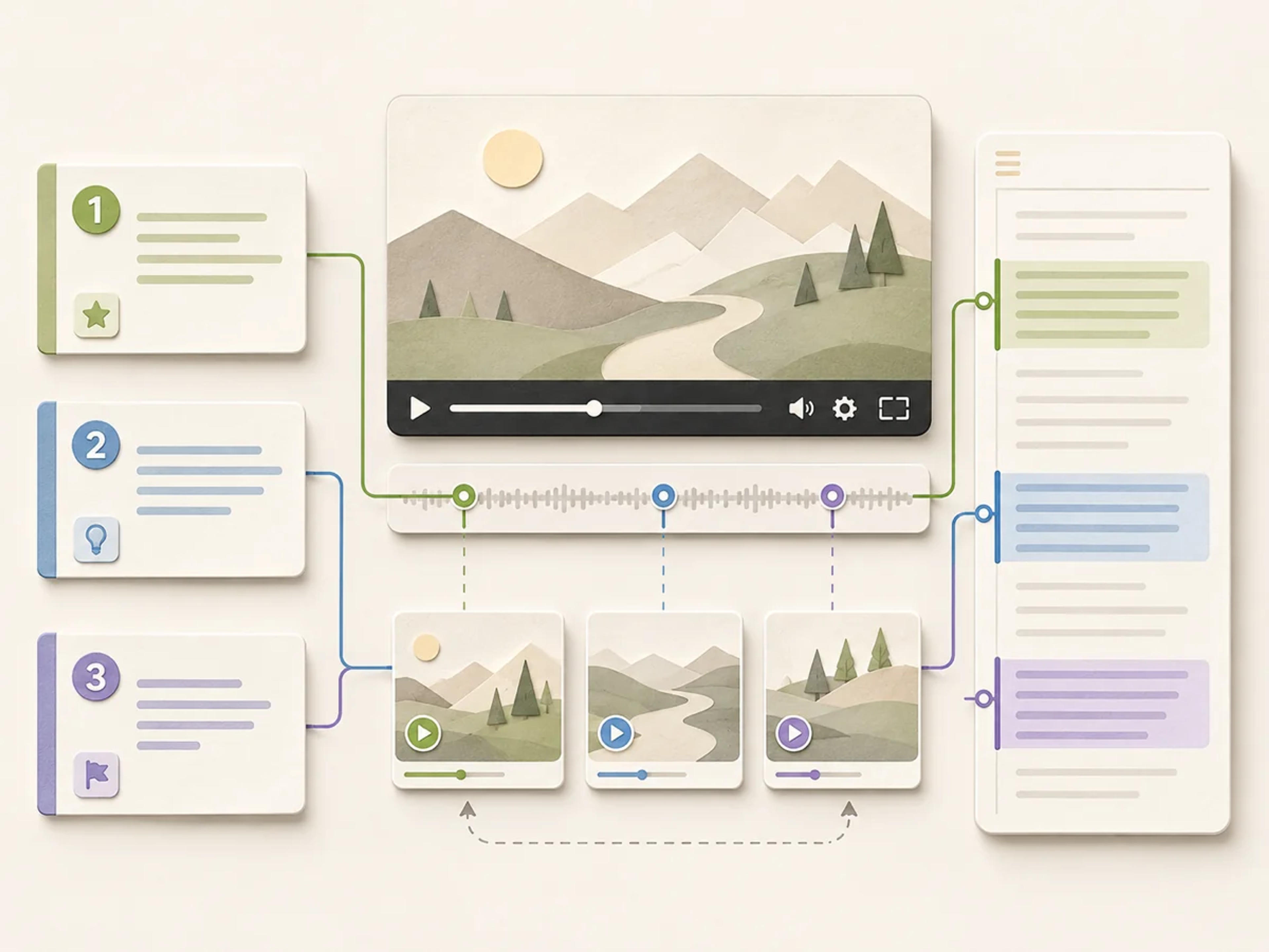 Numbered YouTube summary insights connected to matching moments on a video timeline and highlighted transcript passages